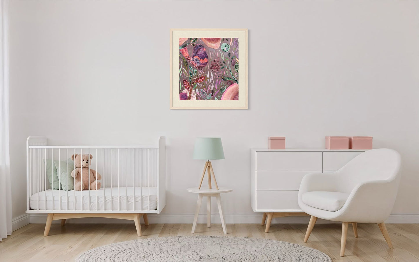 Framed whimsical purple bird in enchanted botanical garden — detailed mixed media fine art print for nursery, therapy office or calming bedroom wall art