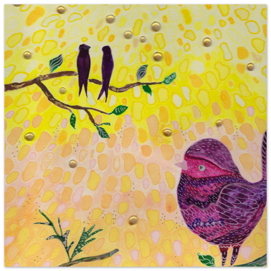 Whimsical bird art print in warm golden and pink tones — calming wall art for nursery, playroom or therapy office