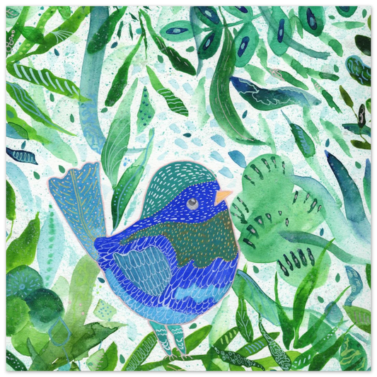 Blue bird among green botanical leaves — nature-inspired fine art print for nursery, therapy office or calming bedroom wall art