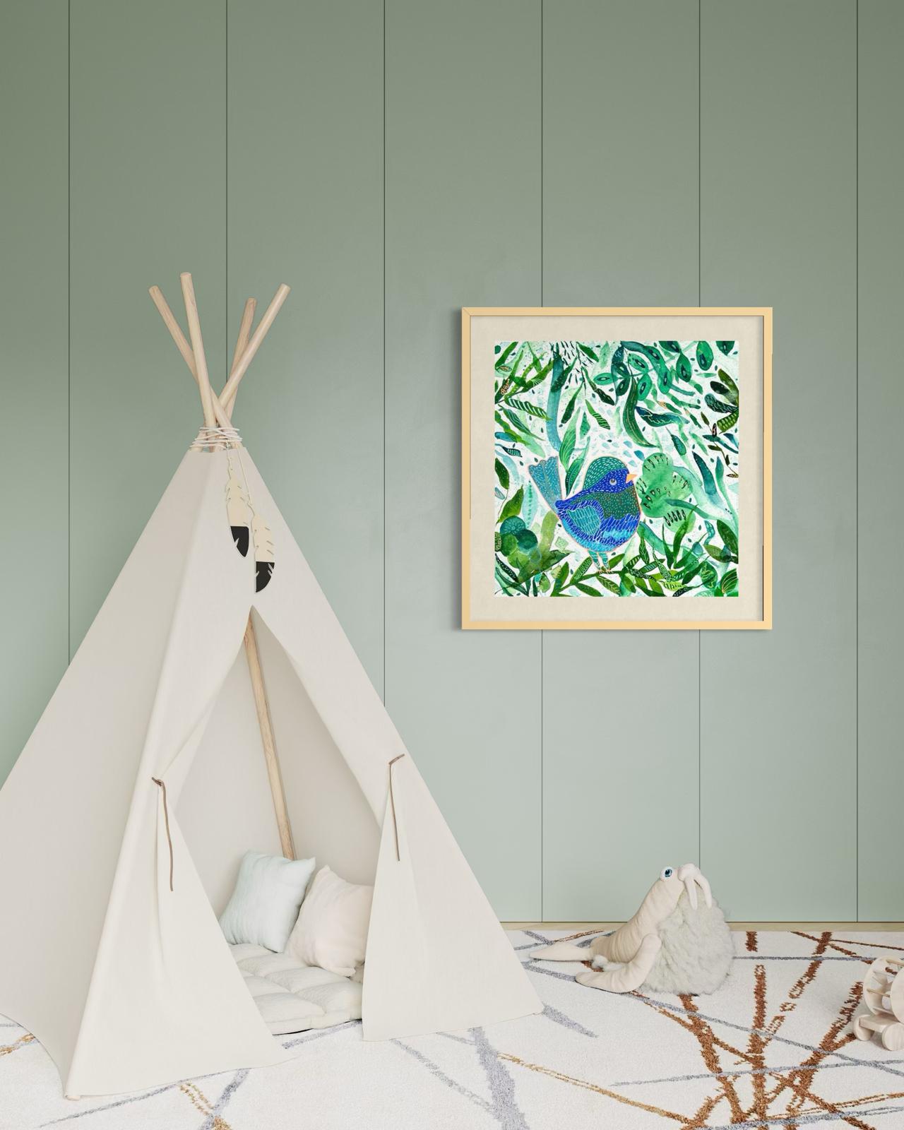 Blue bird among green botanical leaves — nature-inspired fine art print for nursery, therapy office or calming bedroom wall art