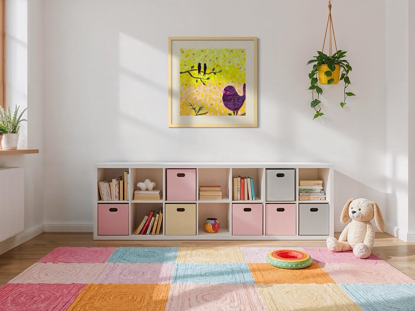 Whimsical bird art print in warm golden and pink tones — calming wall art for nursery, playroom or therapy office