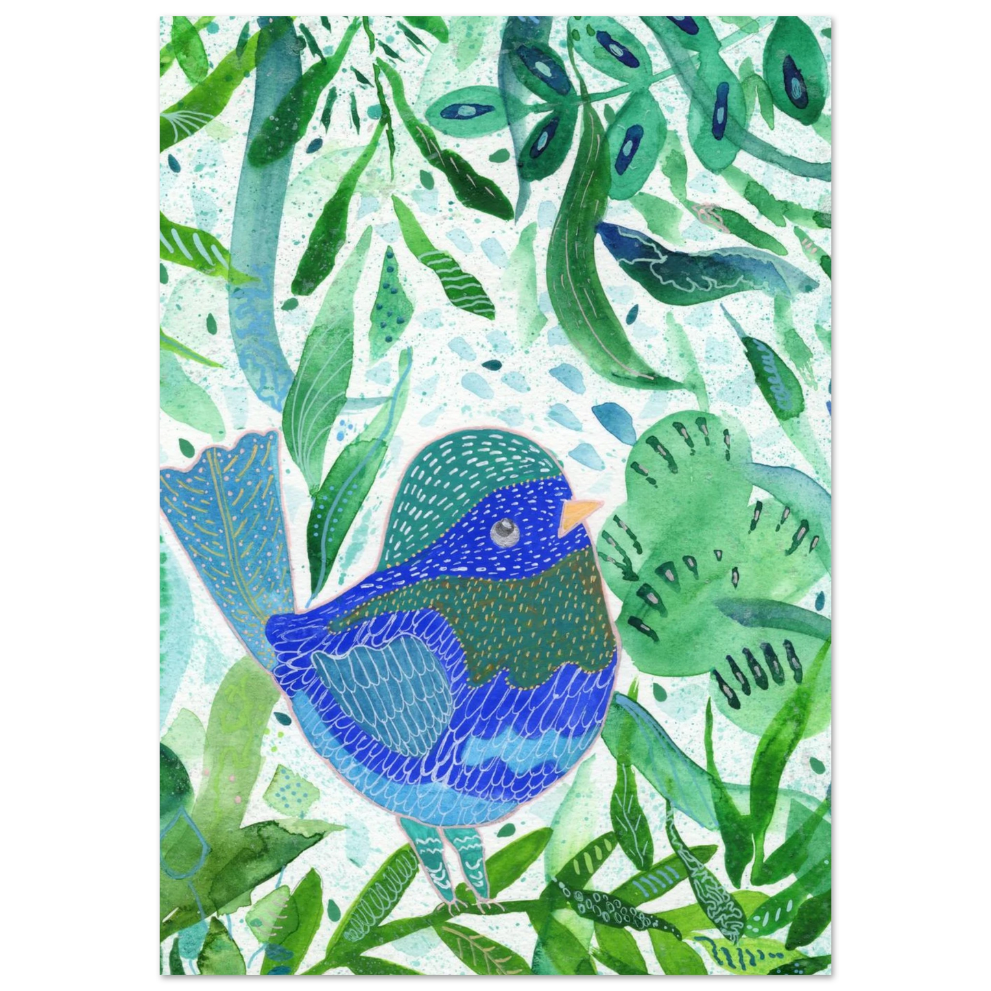 Blue bird among green botanical leaves — nature-inspired fine art print for nursery, therapy office or calming bedroom wall art