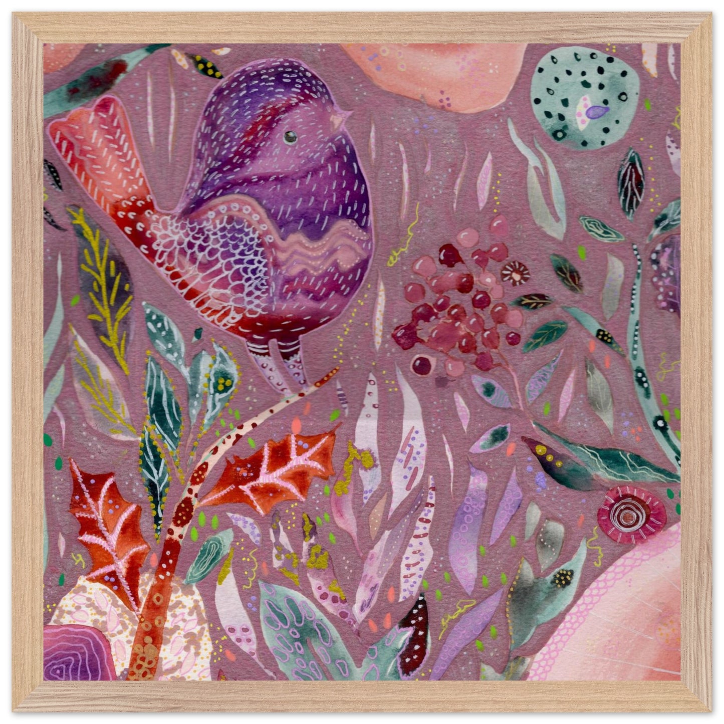 Framed whimsical purple bird in enchanted botanical garden — detailed mixed media fine art print for nursery, therapy office or calming bedroom wall art