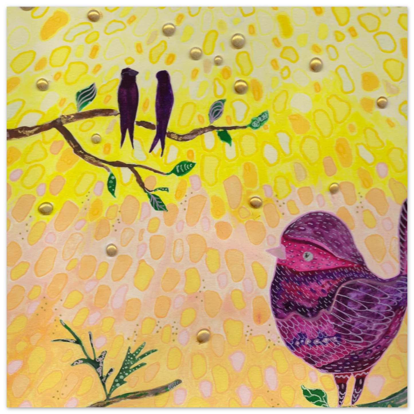 Whimsical bird art print in warm golden and pink tones — calming wall art for nursery, playroom or therapy office