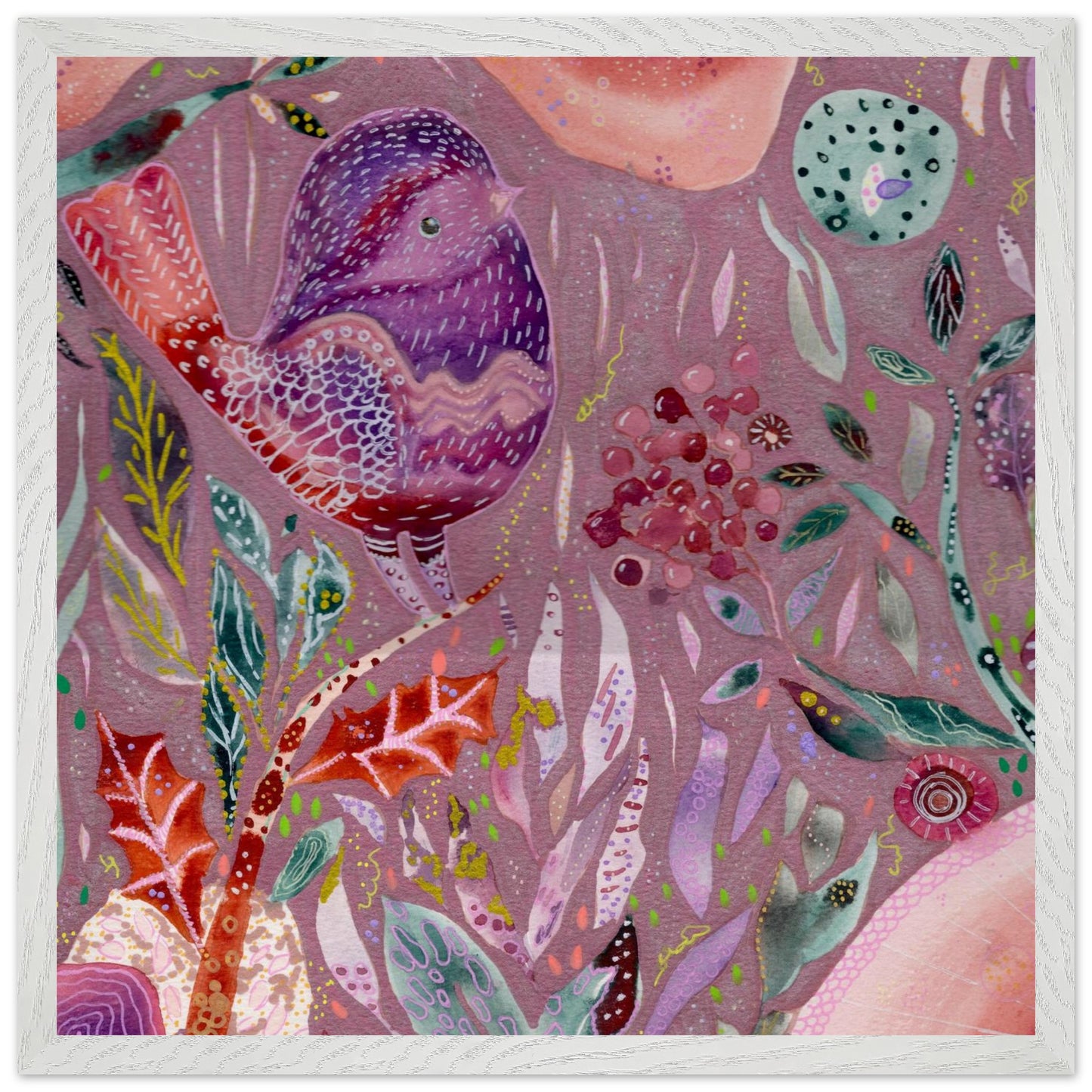 Framed whimsical purple bird in enchanted botanical garden — detailed mixed media fine art print for nursery, therapy office or calming bedroom wall art