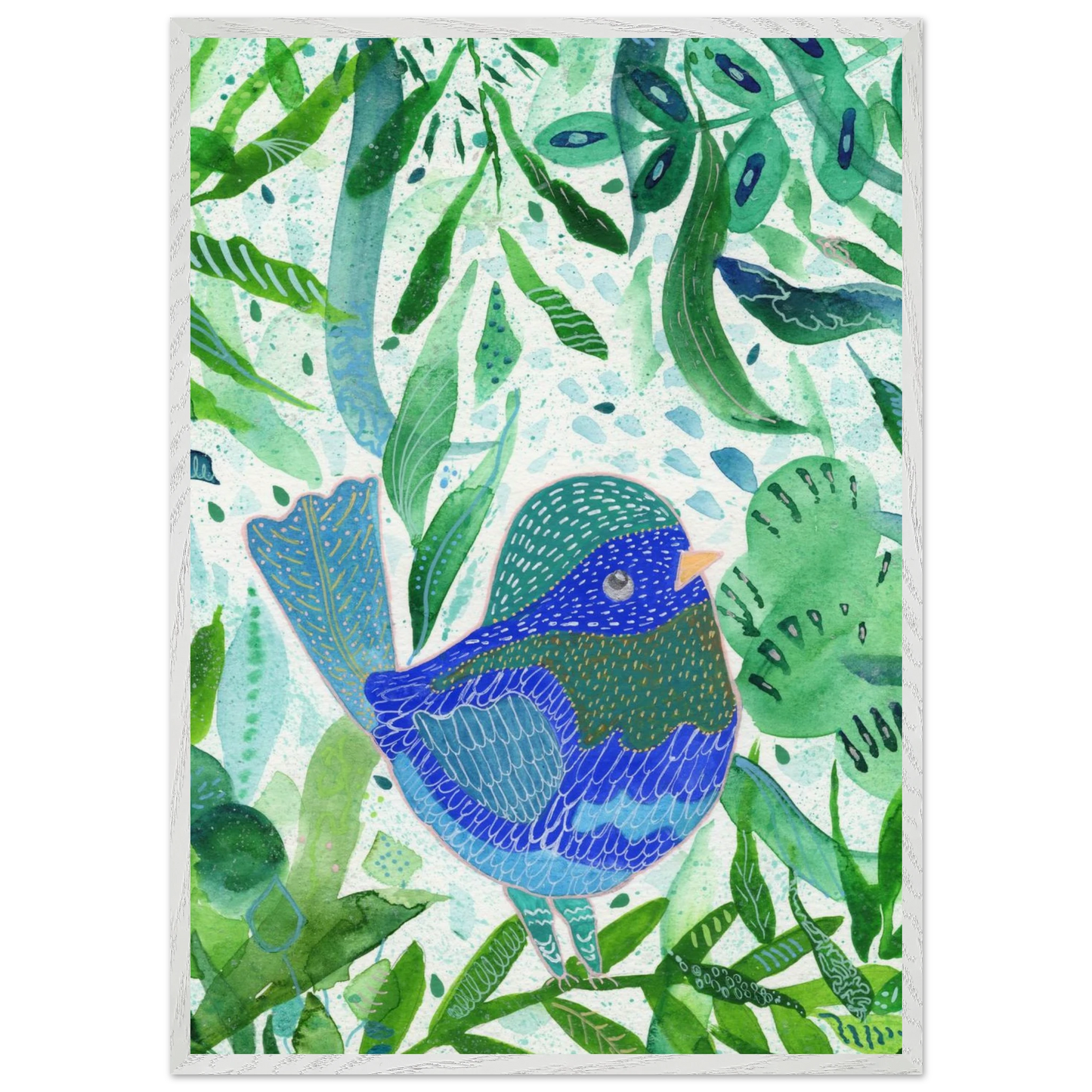 Blue bird among green botanical leaves — nature-inspired fine art print for nursery, therapy office or calming bedroom wall art