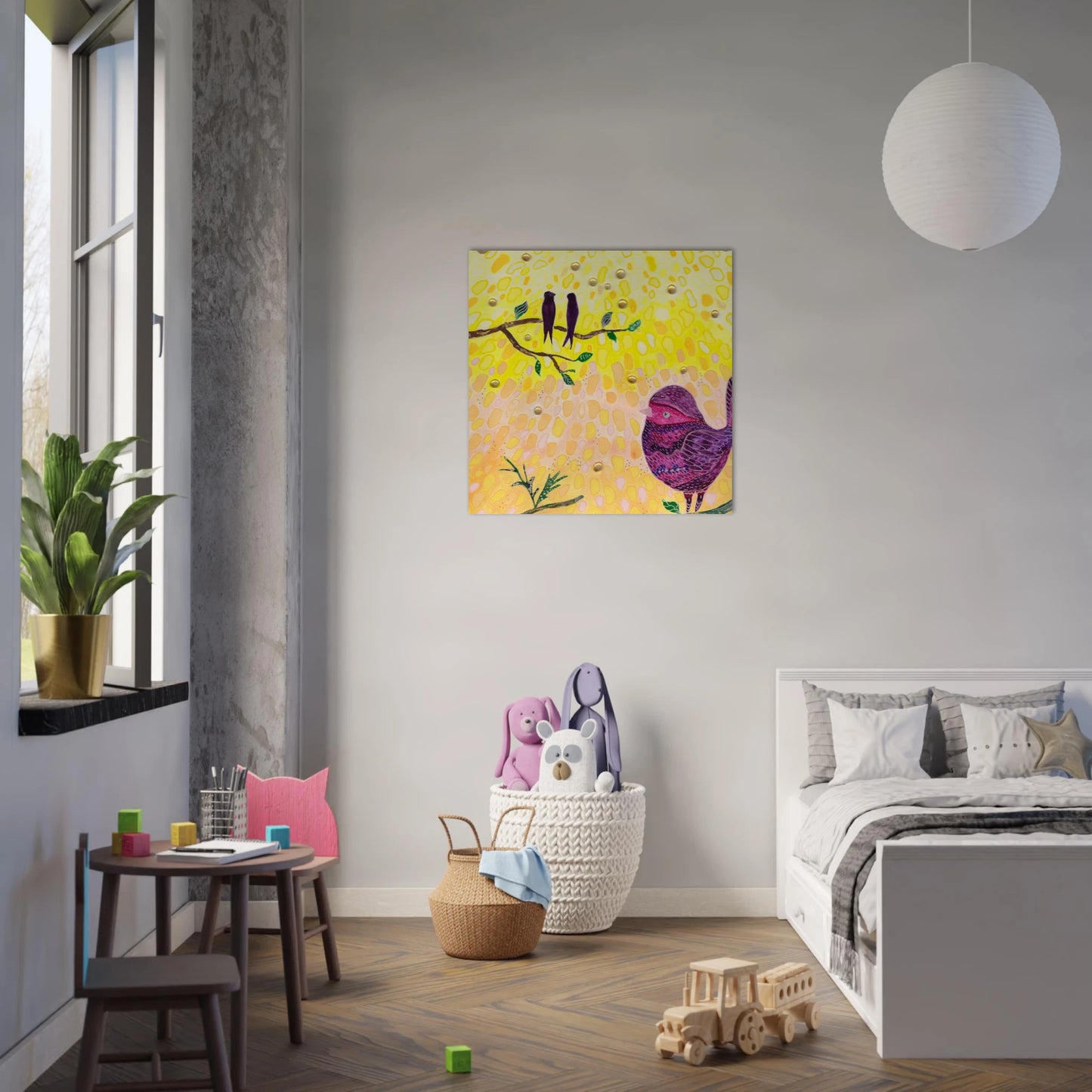 Whimsical bird art print in warm golden and pink tones — calming wall art for nursery, playroom or therapy office