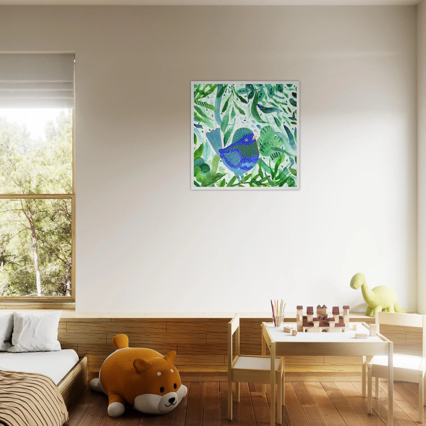 Blue bird among green botanical leaves — nature-inspired fine art print for nursery, therapy office or calming bedroom wall art