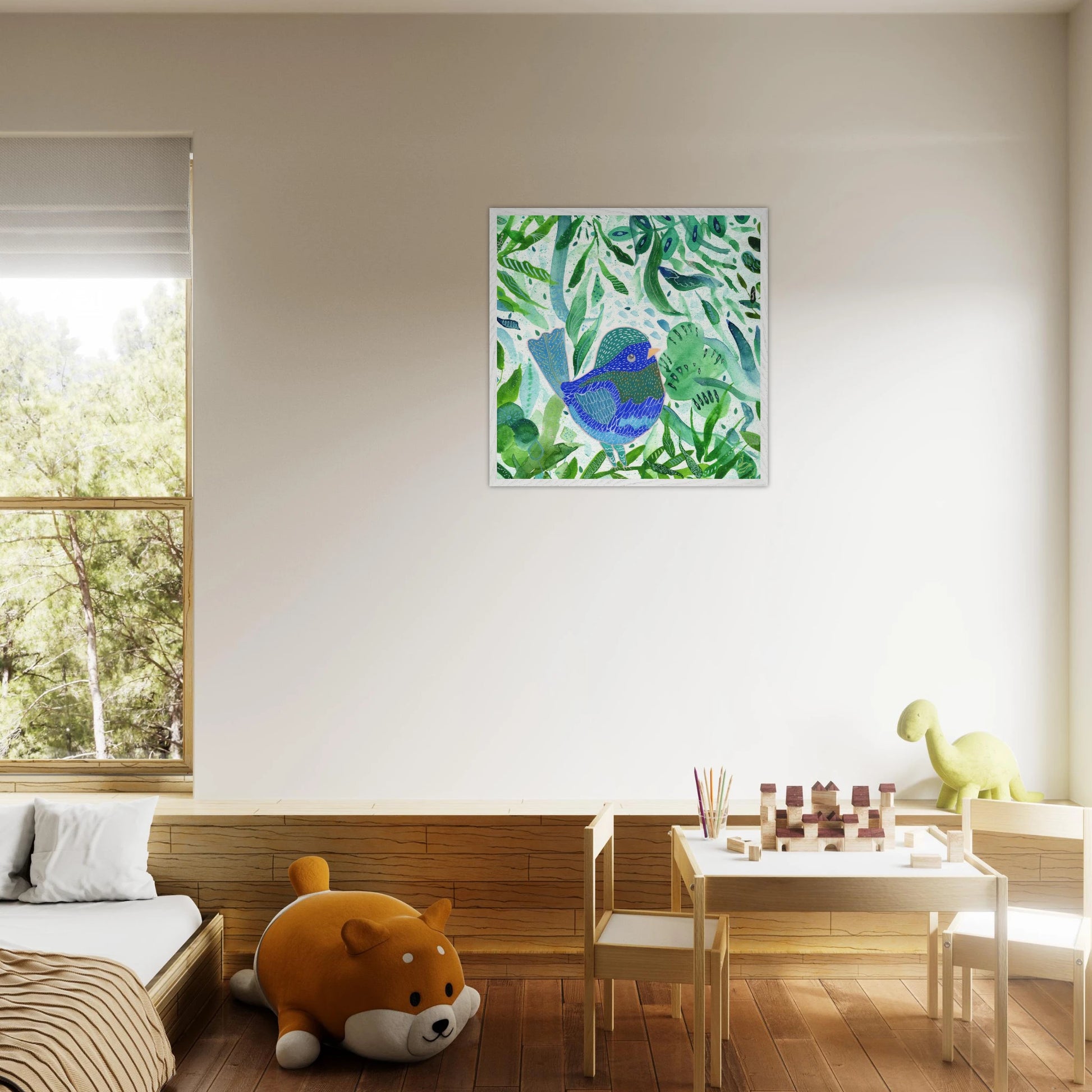 Blue bird among green botanical leaves — nature-inspired fine art print for nursery, therapy office or calming bedroom wall art
