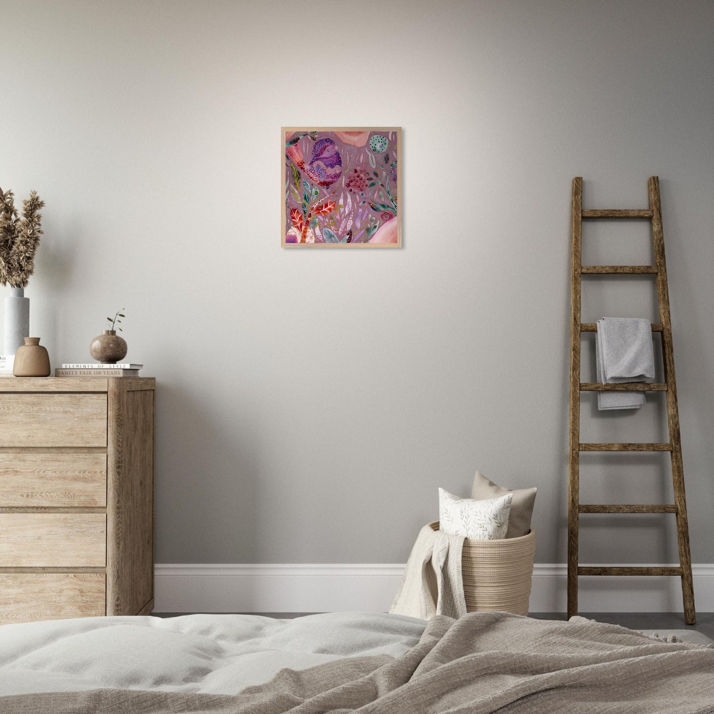 Framed whimsical purple bird in enchanted botanical garden — detailed mixed media fine art print for nursery, therapy office or calming bedroom wall art