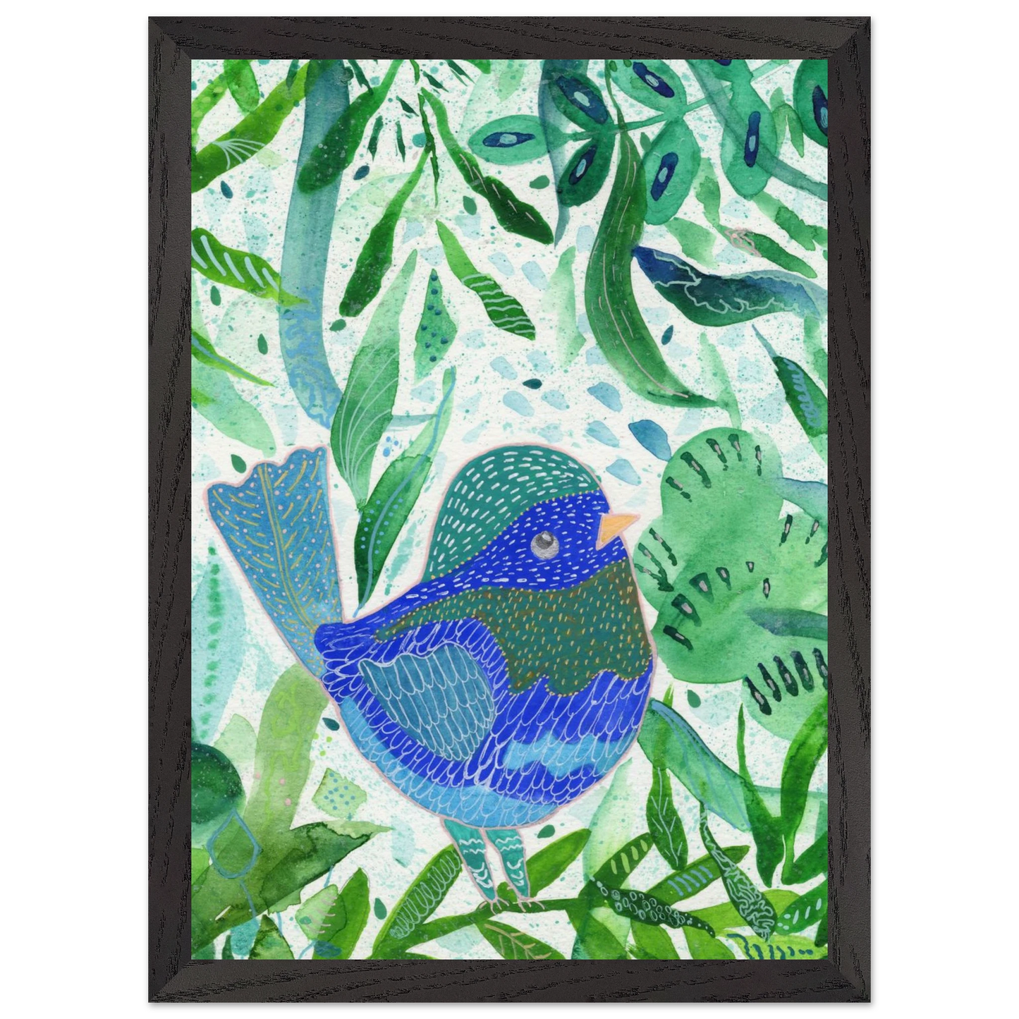 Blue bird among green botanical leaves — nature-inspired fine art print for nursery, therapy office or calming bedroom wall art