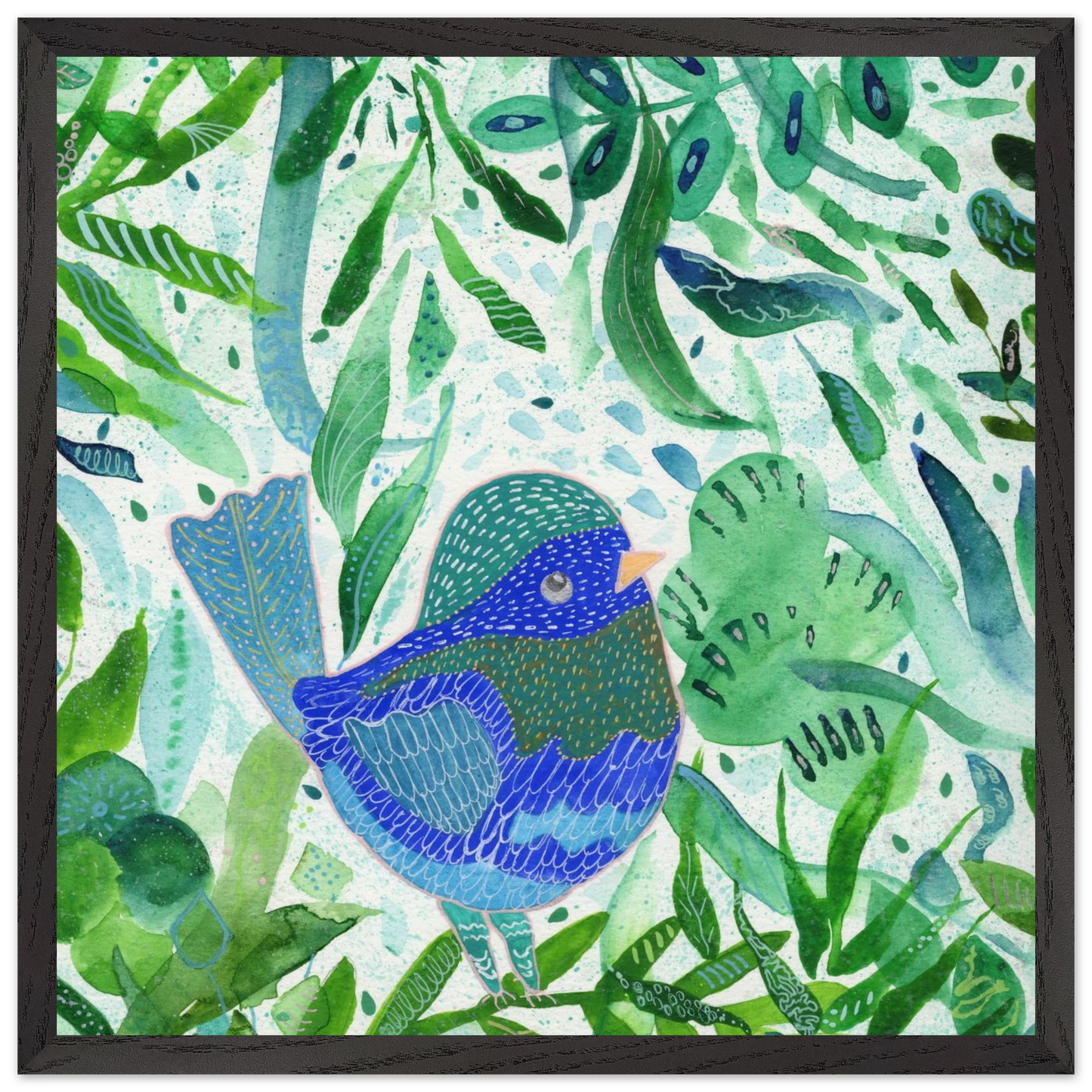 Blue bird among green botanical leaves — nature-inspired fine art print for nursery, therapy office or calming bedroom wall art
