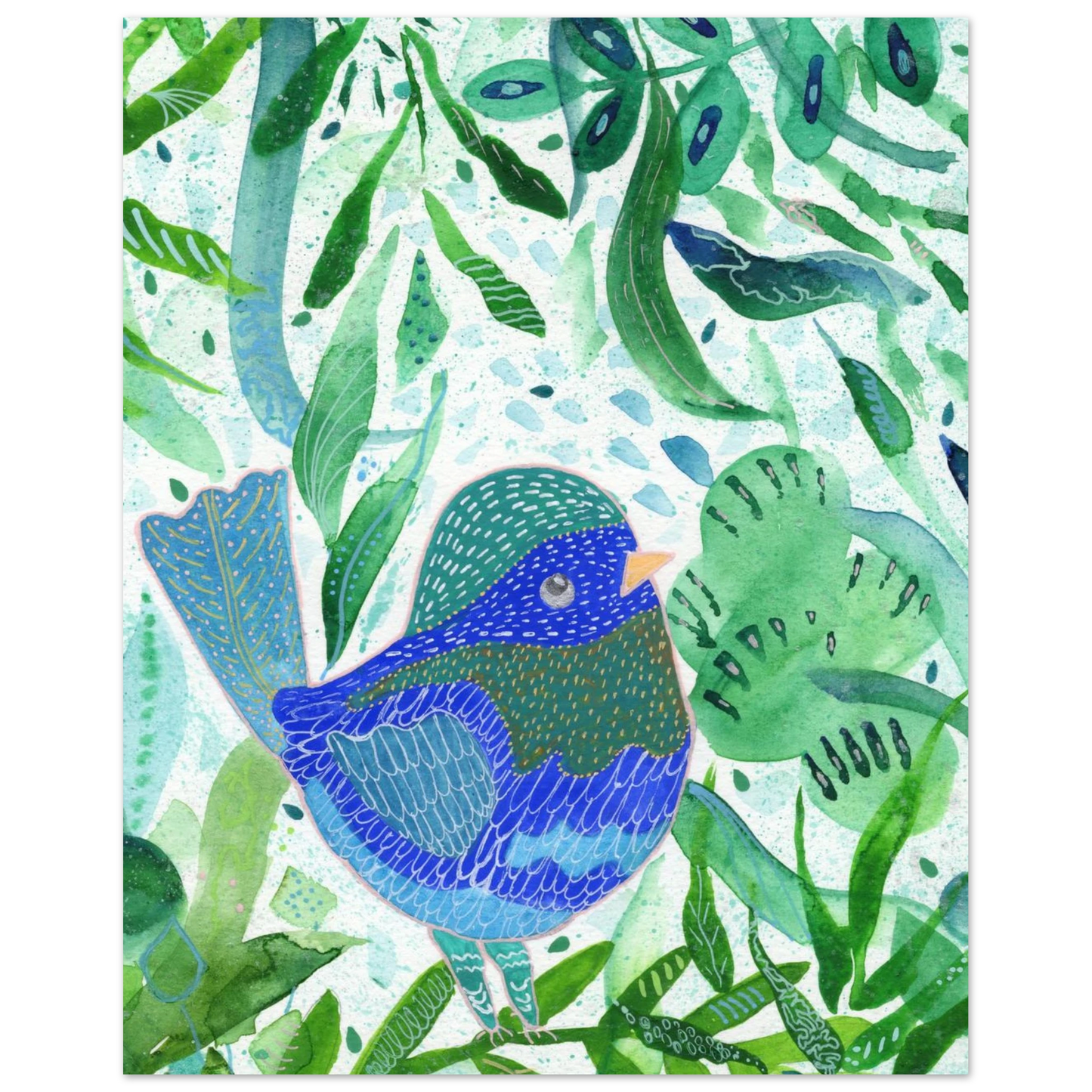 Blue bird among green botanical leaves — nature-inspired fine art print for nursery, therapy office or calming bedroom wall art