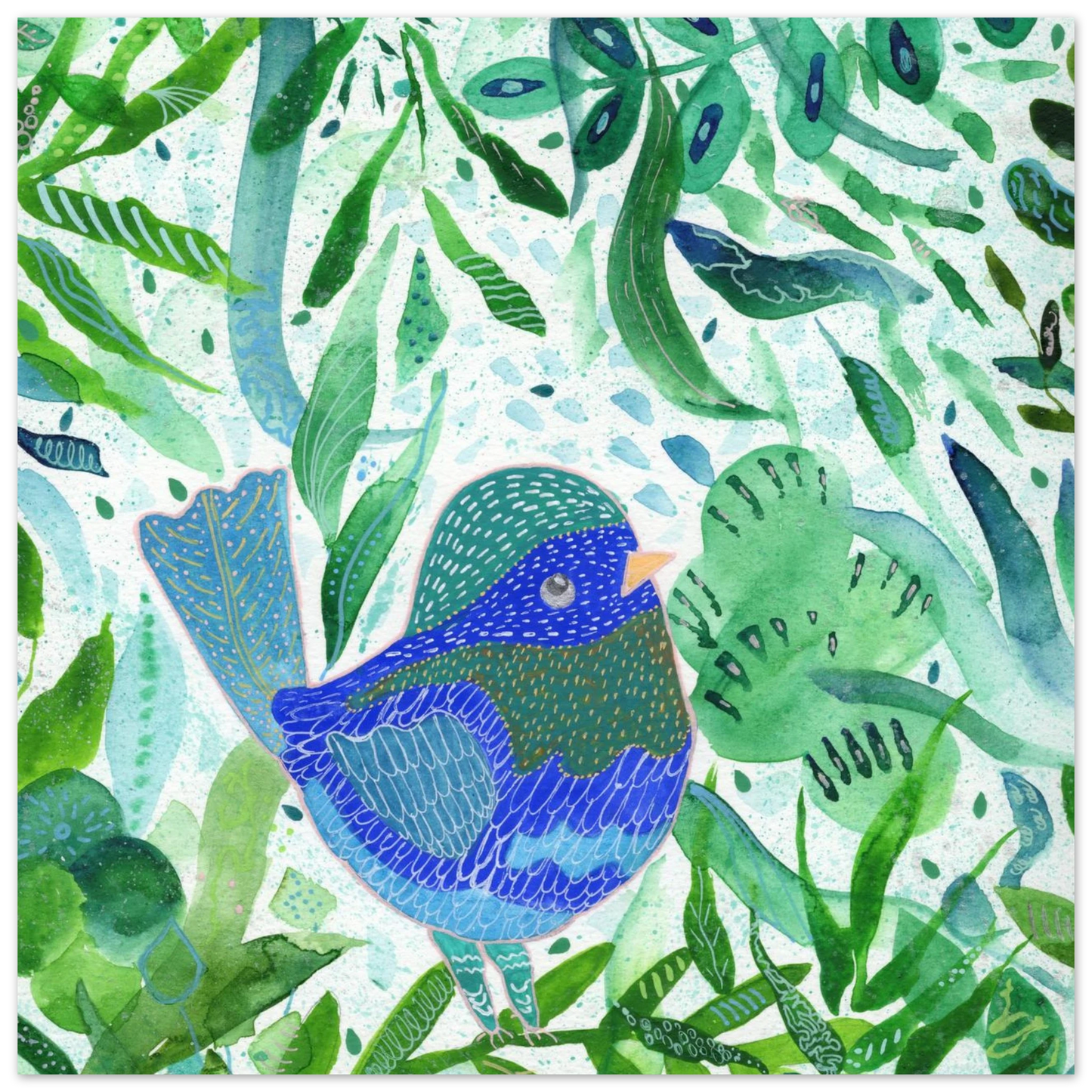 Blue bird among green botanical leaves — nature-inspired fine art print for nursery, therapy office or calming bedroom wall art