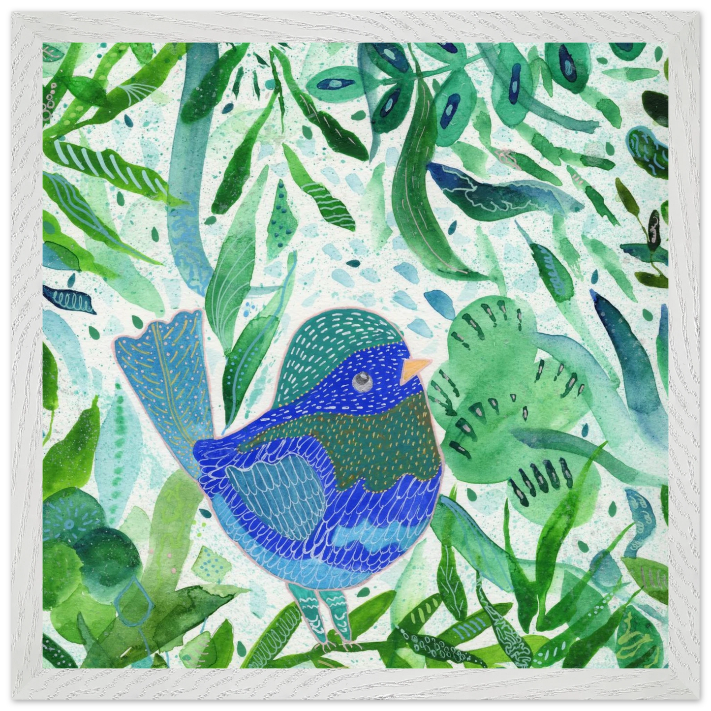 Blue bird among green botanical leaves — nature-inspired fine art print for nursery, therapy office or calming bedroom wall art