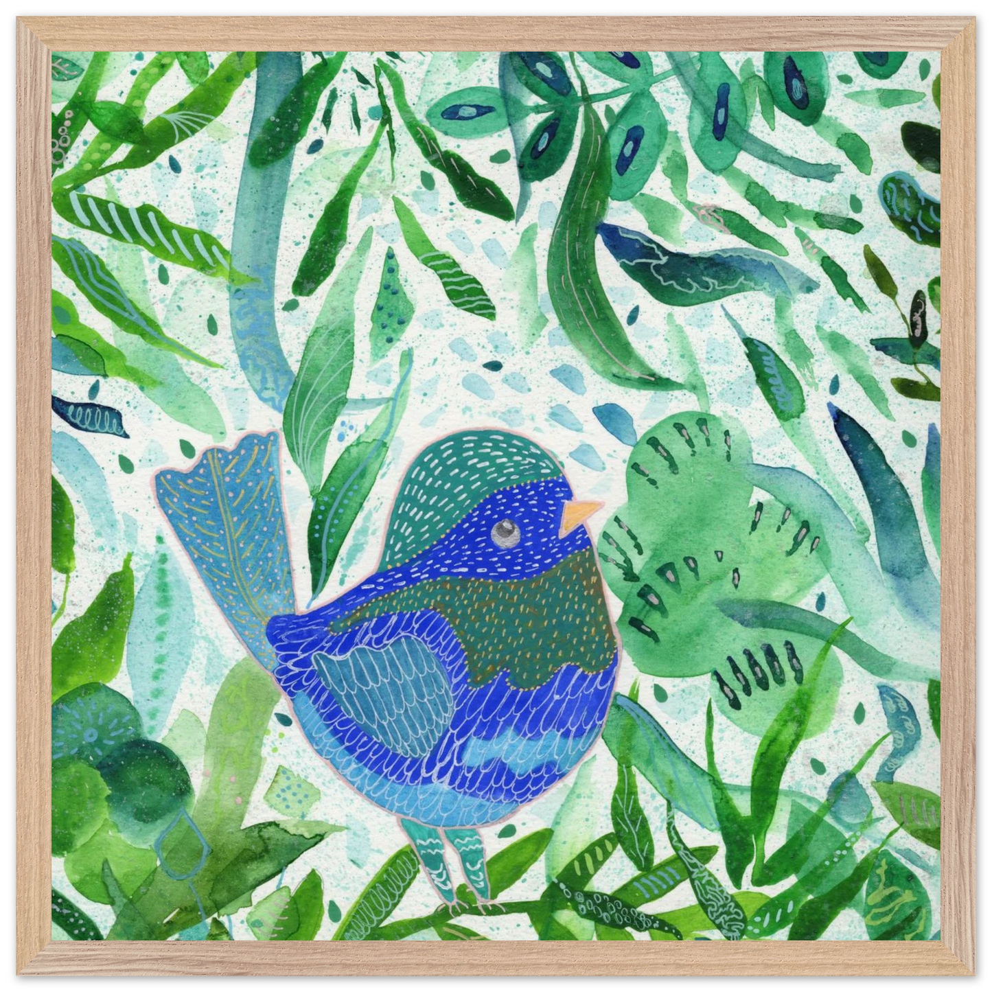 Blue bird among green botanical leaves — nature-inspired fine art print for nursery, therapy office or calming bedroom wall art