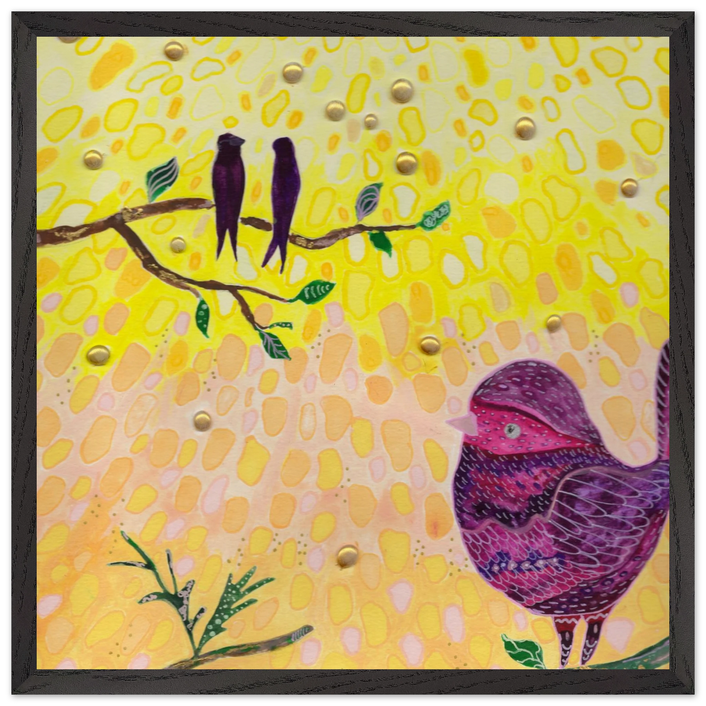 Whimsical bird art print in warm golden and pink tones — calming wall art for nursery, playroom or therapy office