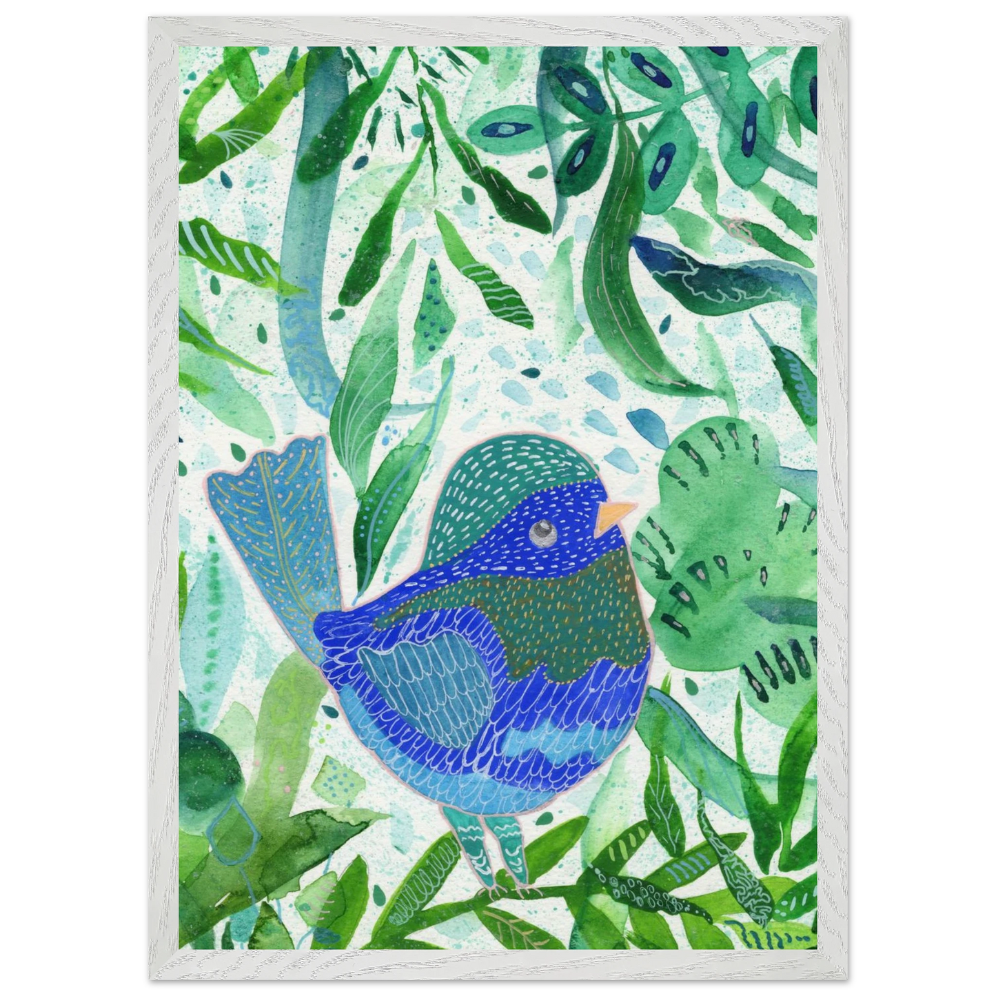 Blue bird among green botanical leaves — nature-inspired fine art print for nursery, therapy office or calming bedroom wall art