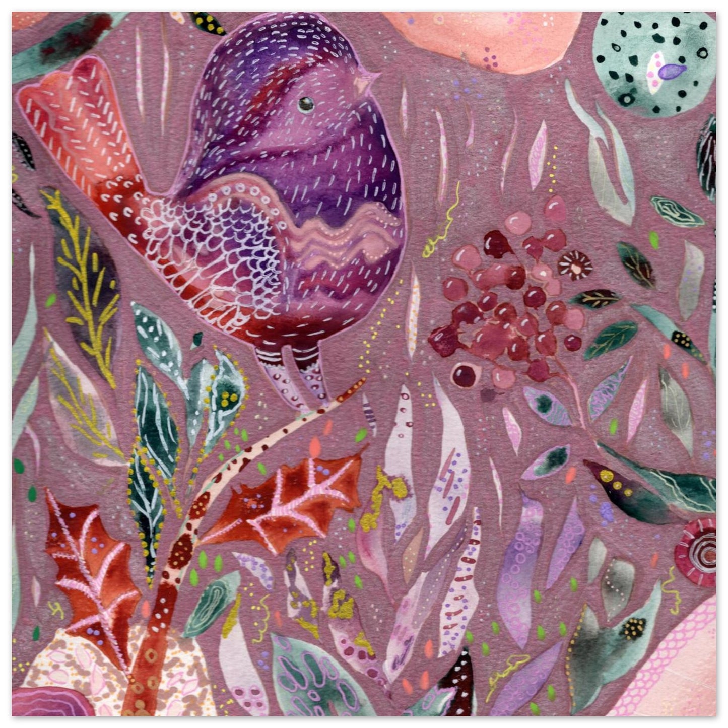 Framed whimsical purple bird in enchanted botanical garden — detailed mixed media fine art print for nursery, therapy office or calming bedroom wall art