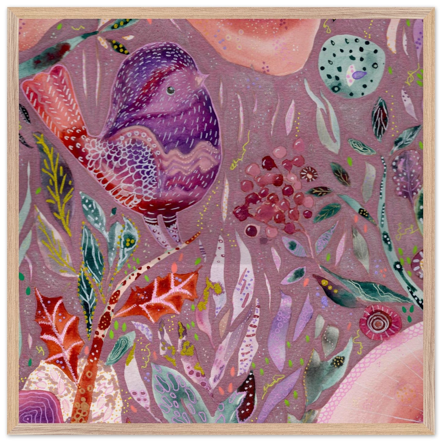Framed whimsical purple bird in enchanted botanical garden — detailed mixed media fine art print for nursery, therapy office or calming bedroom wall art
