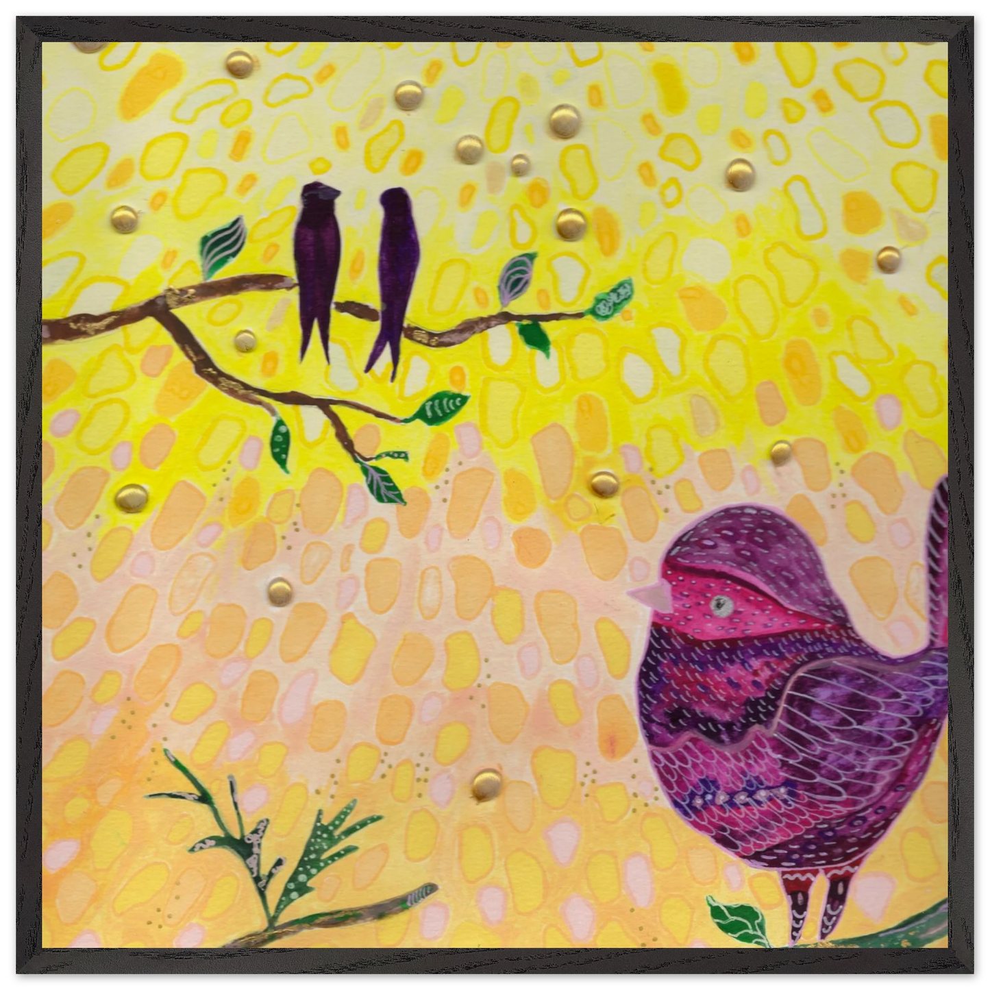 Whimsical bird art print in warm golden and pink tones — calming wall art for nursery, playroom or therapy office