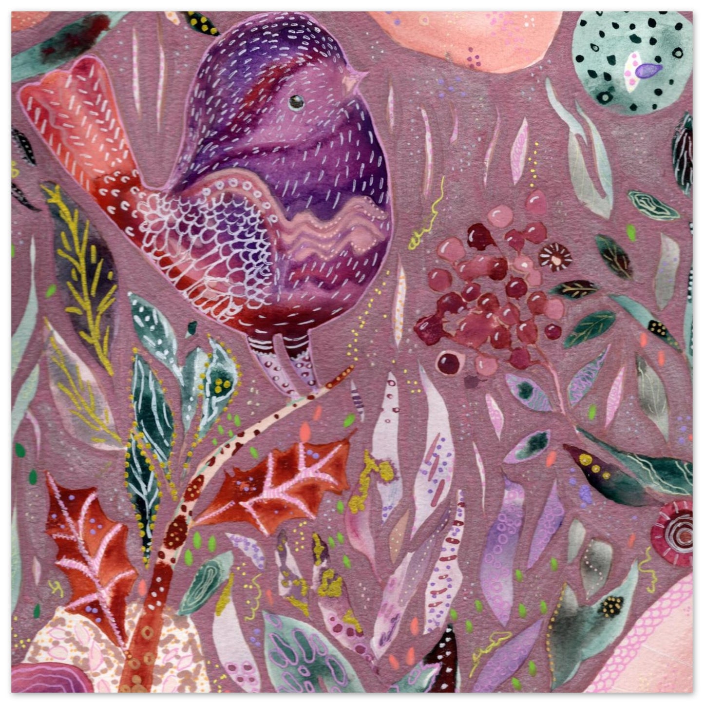 Framed whimsical purple bird in enchanted botanical garden — detailed mixed media fine art print for nursery, therapy office or calming bedroom wall art