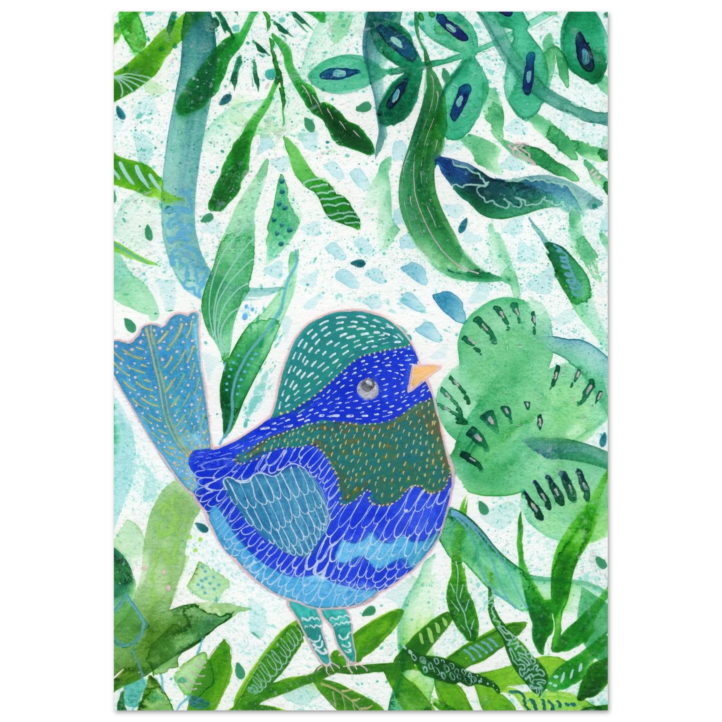 Blue bird among green botanical leaves — nature-inspired fine art print for nursery, therapy office or calming bedroom wall art