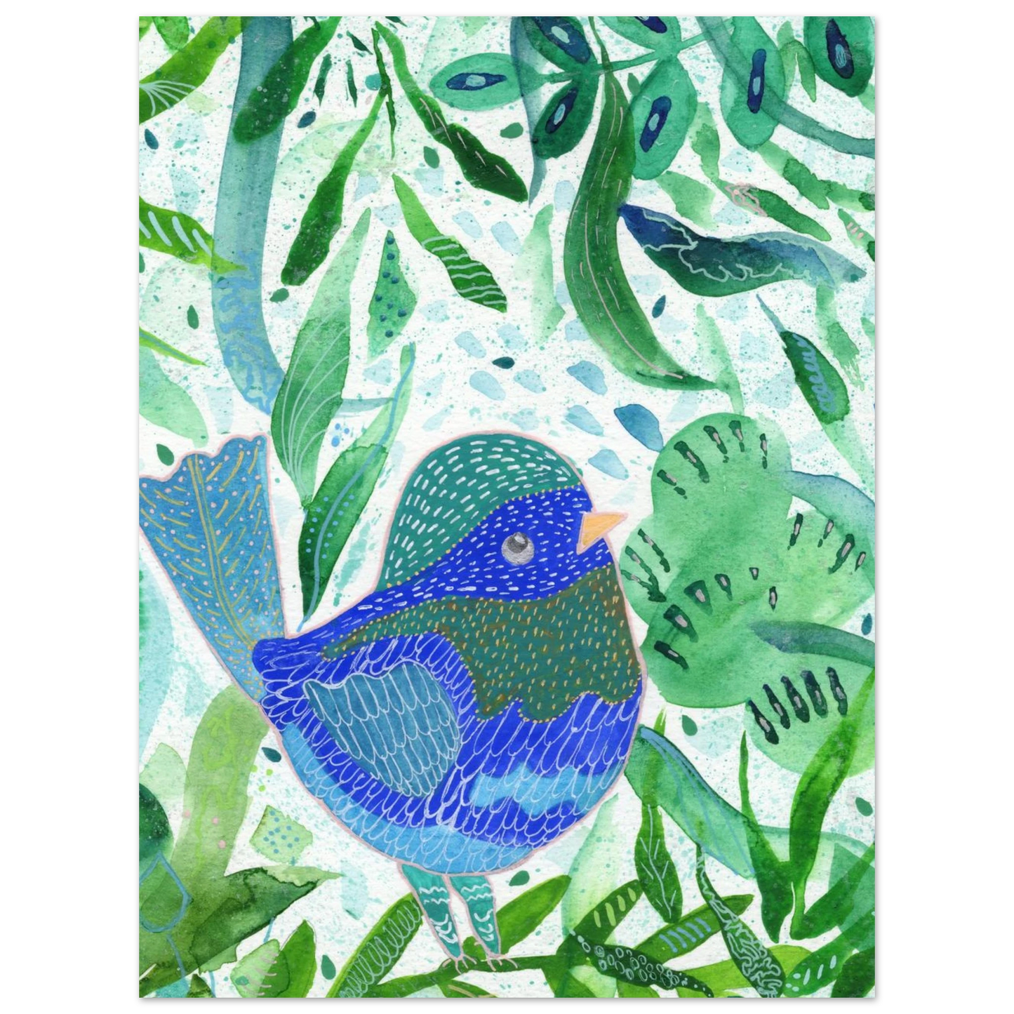 Blue bird among green botanical leaves — nature-inspired fine art print for nursery, therapy office or calming bedroom wall art