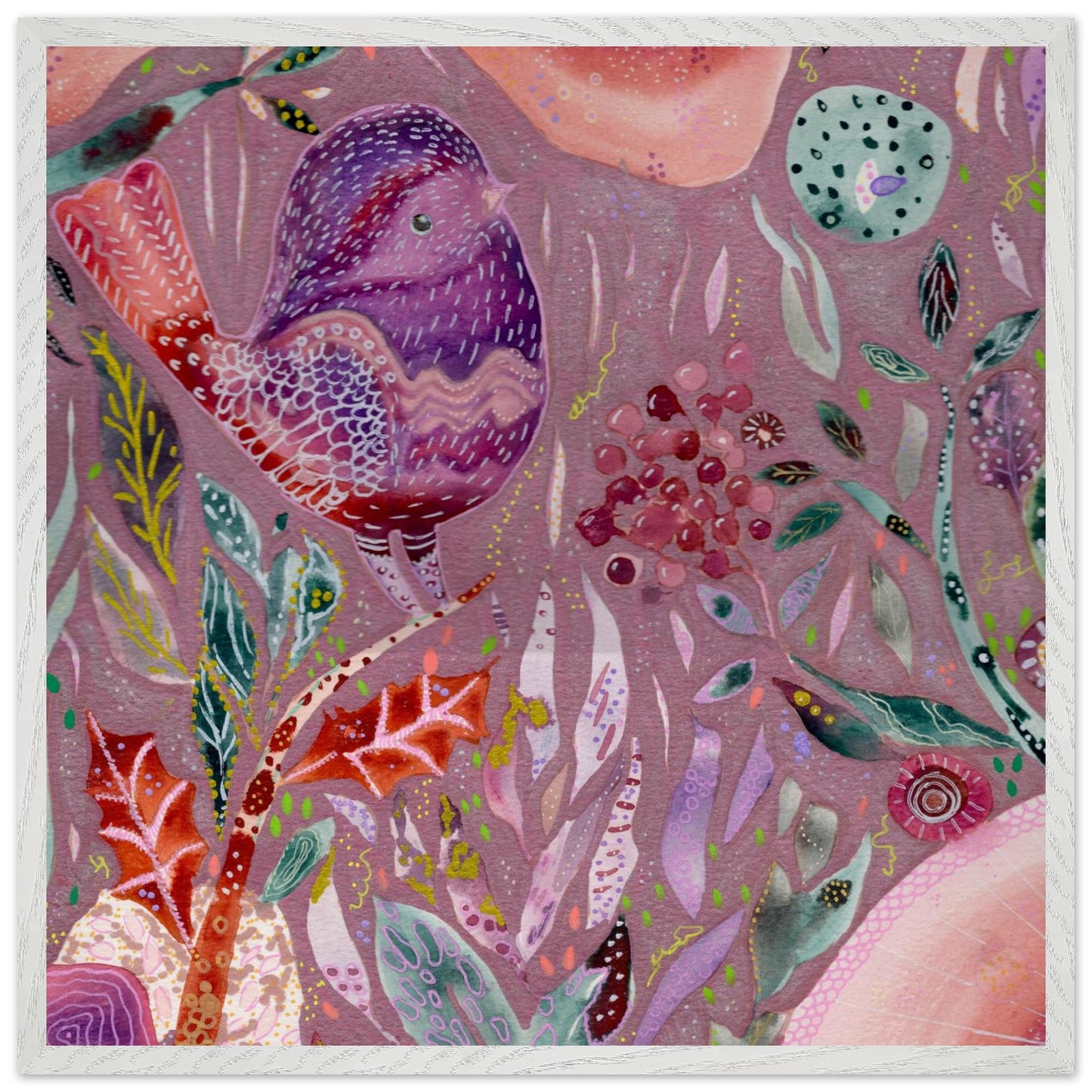 Framed whimsical purple bird in enchanted botanical garden — detailed mixed media fine art print for nursery, therapy office or calming bedroom wall art