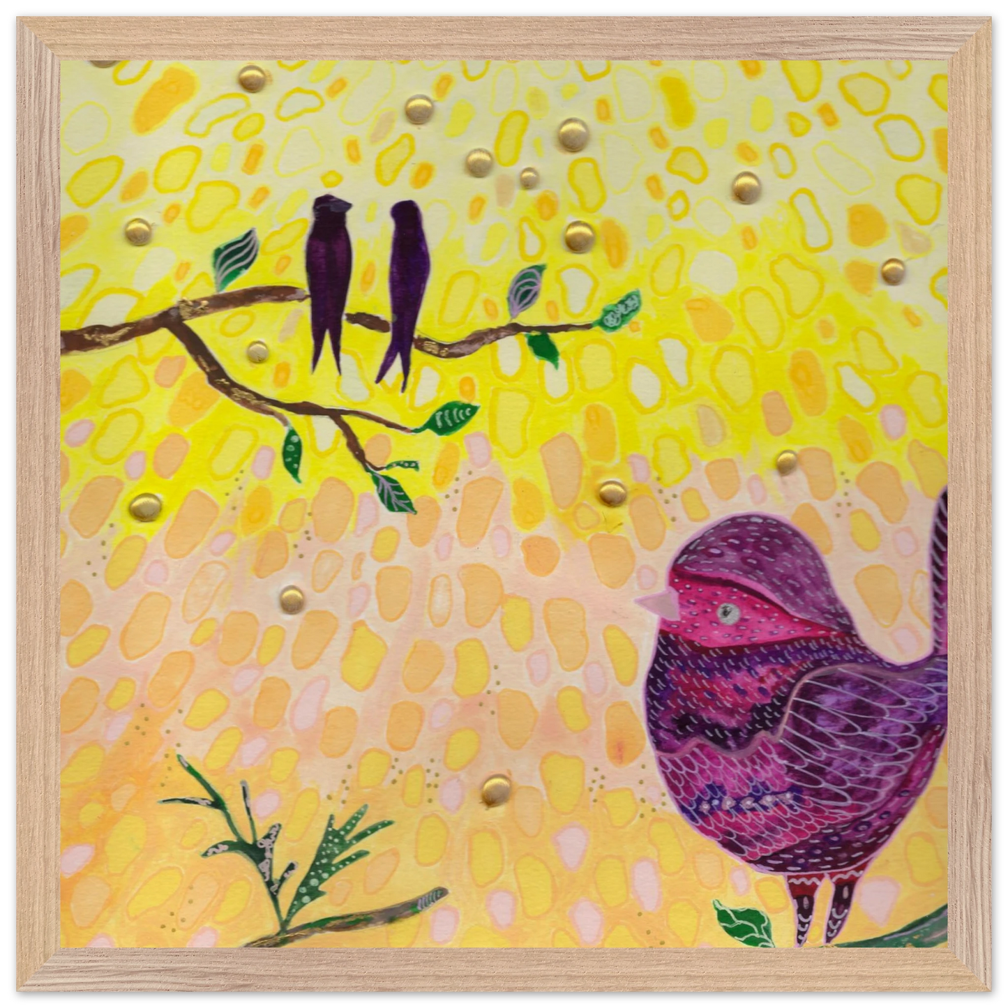 Whimsical bird art print in warm golden and pink tones — calming wall art for nursery, playroom or therapy office