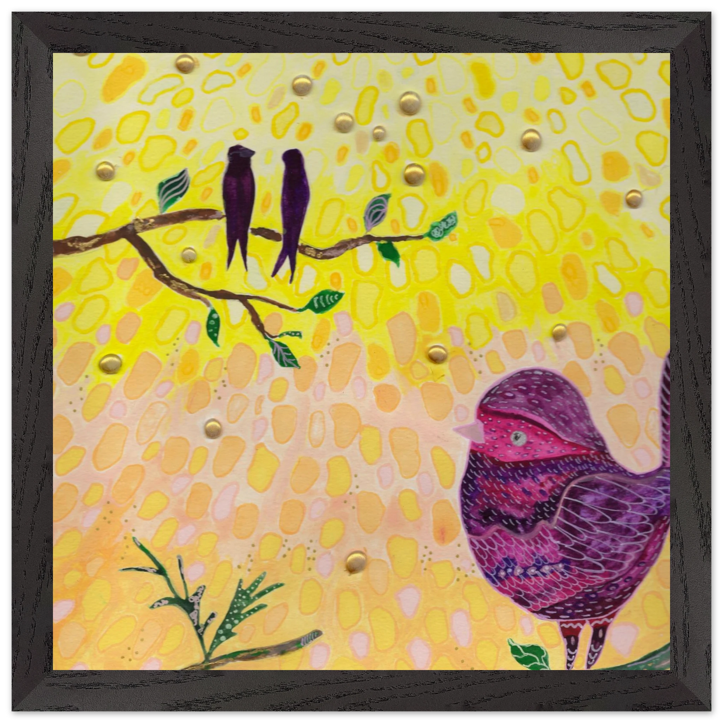 Whimsical bird art print in warm golden and pink tones — calming wall art for nursery, playroom or therapy office