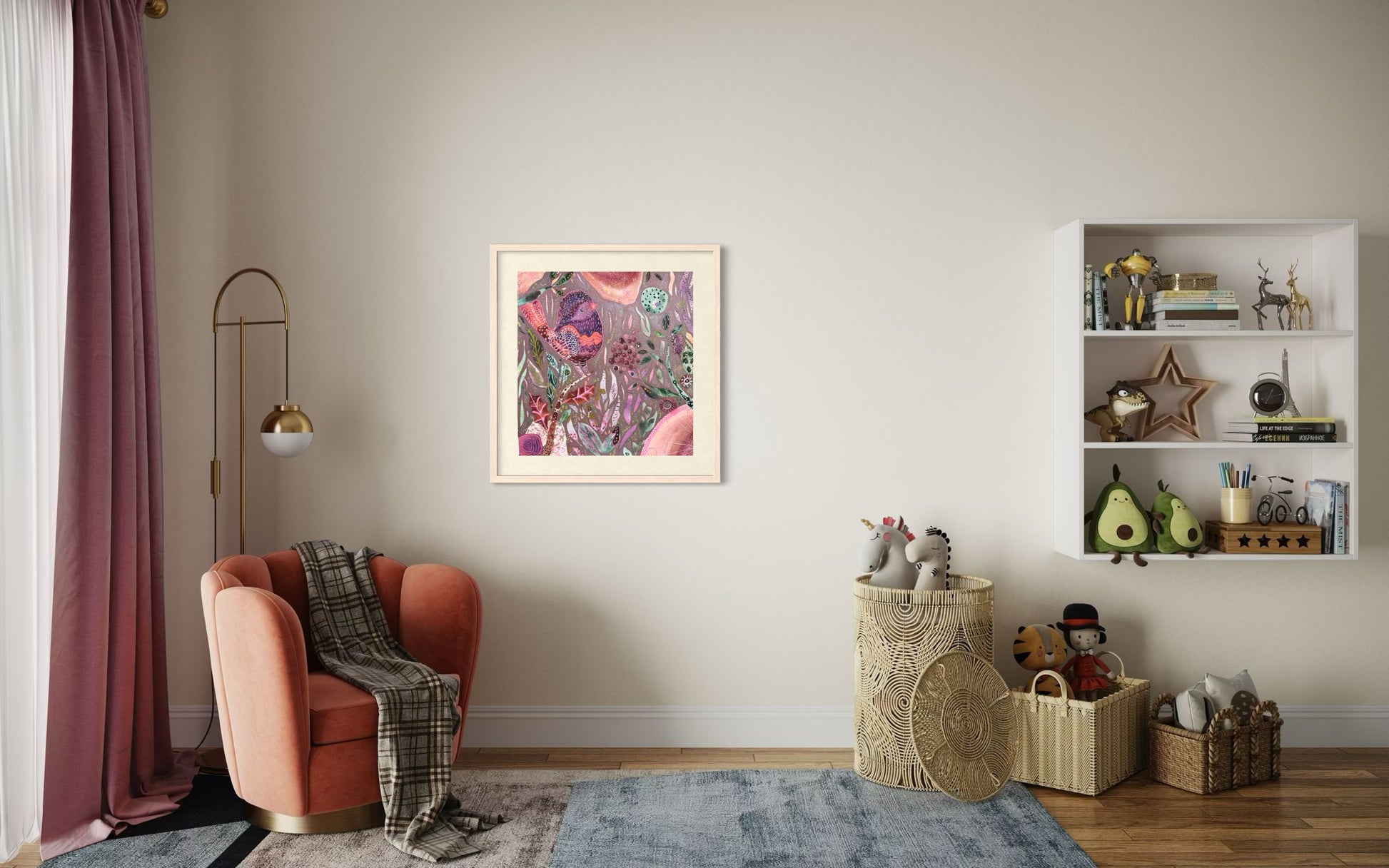 Framed whimsical purple bird in enchanted botanical garden — detailed mixed media fine art print for nursery, therapy office or calming bedroom wall art
