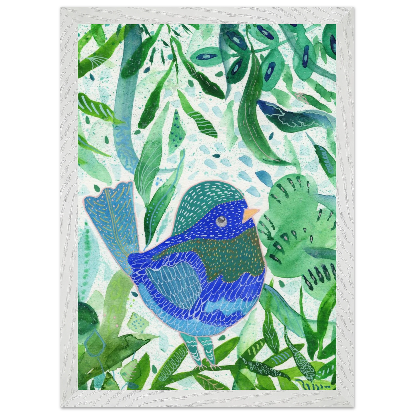 Blue bird among green botanical leaves — nature-inspired fine art print for nursery, therapy office or calming bedroom wall art