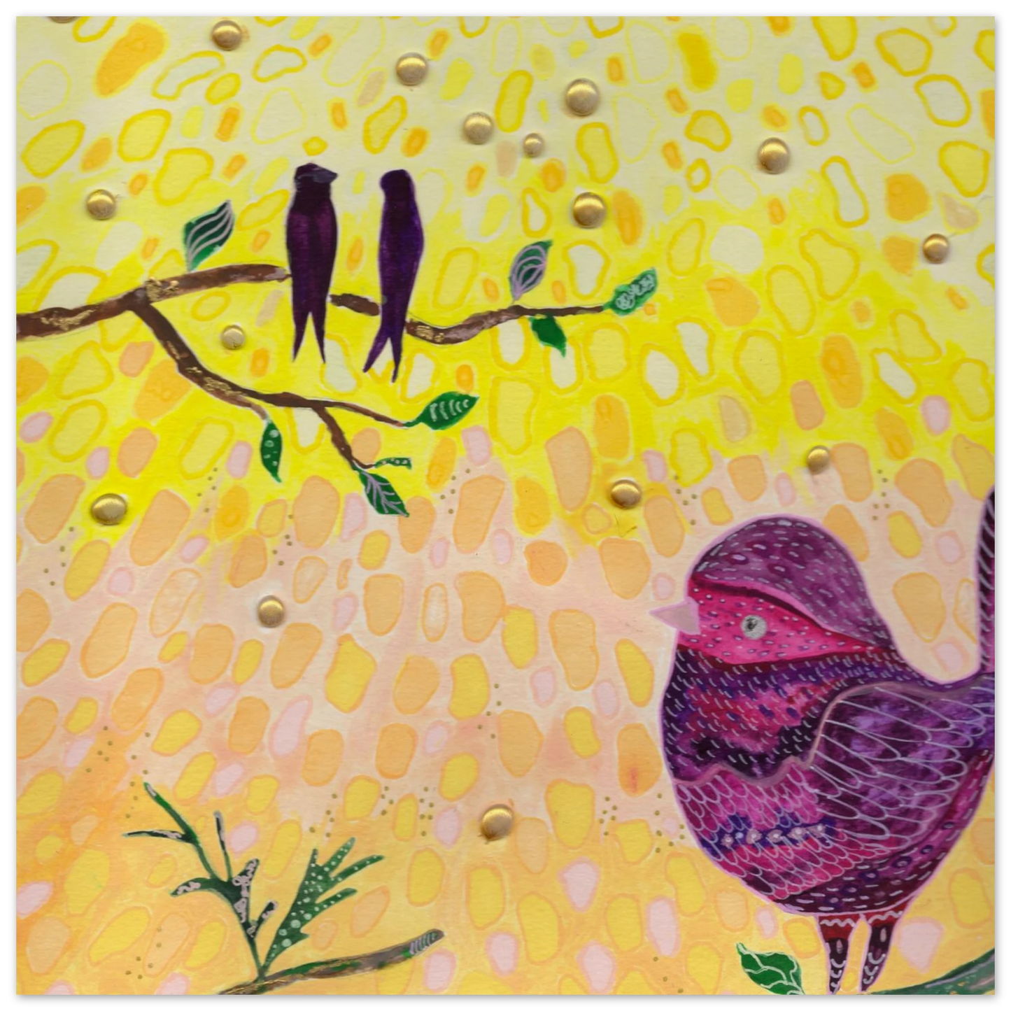 Whimsical bird art print in warm golden and pink tones — calming wall art for nursery, playroom or therapy office