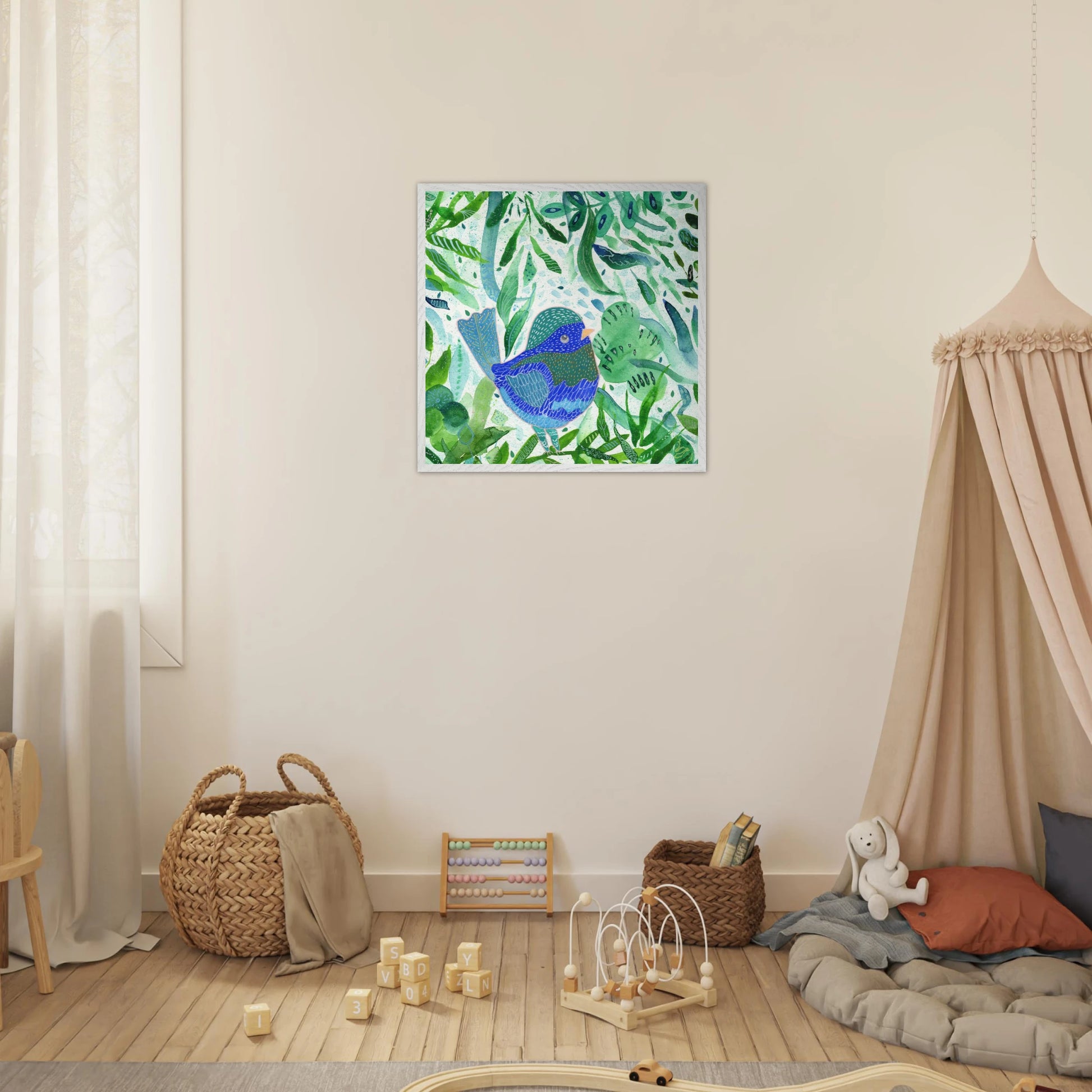 Blue bird among green botanical leaves — nature-inspired fine art print for nursery, therapy office or calming bedroom wall art