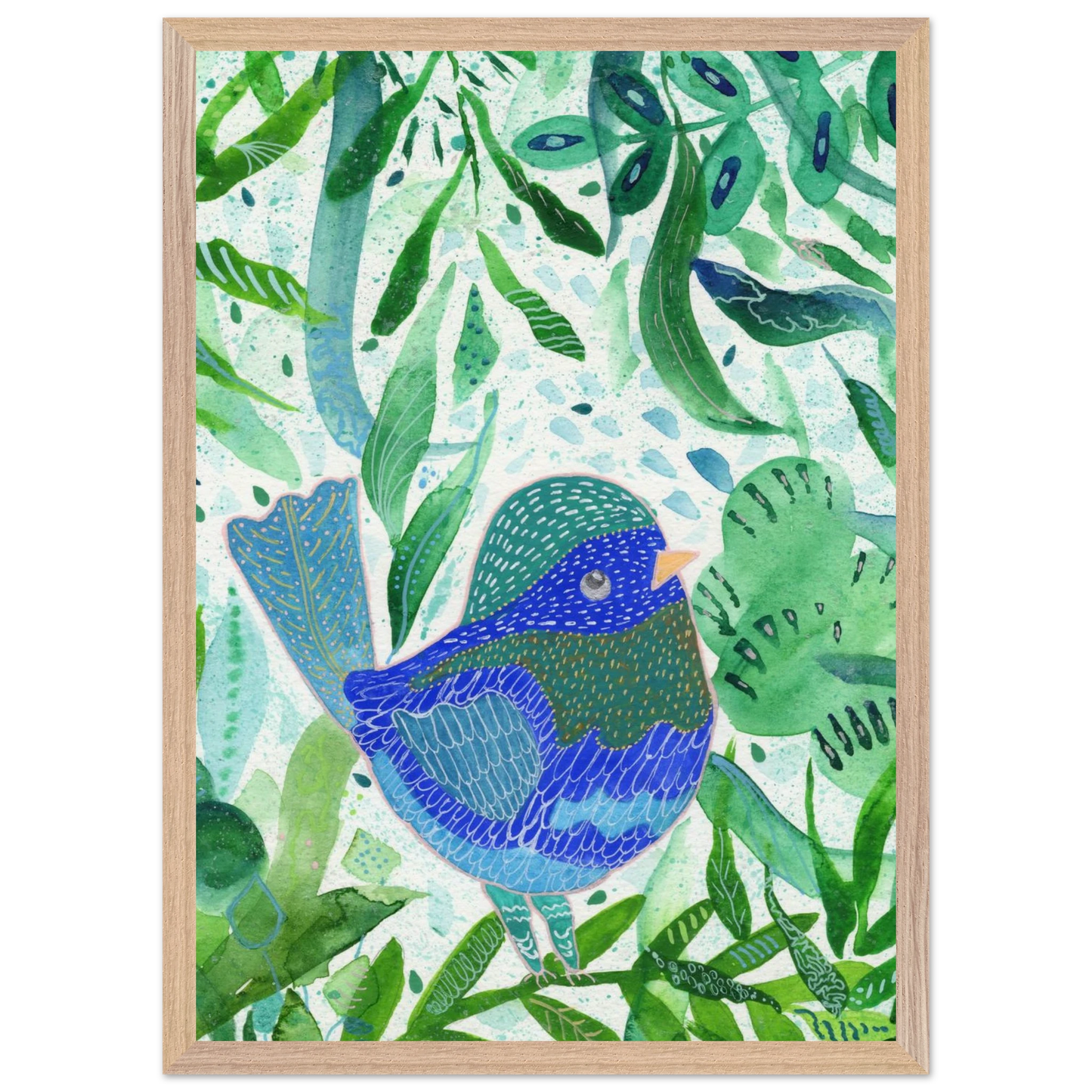 Blue bird among green botanical leaves — nature-inspired fine art print for nursery, therapy office or calming bedroom wall art