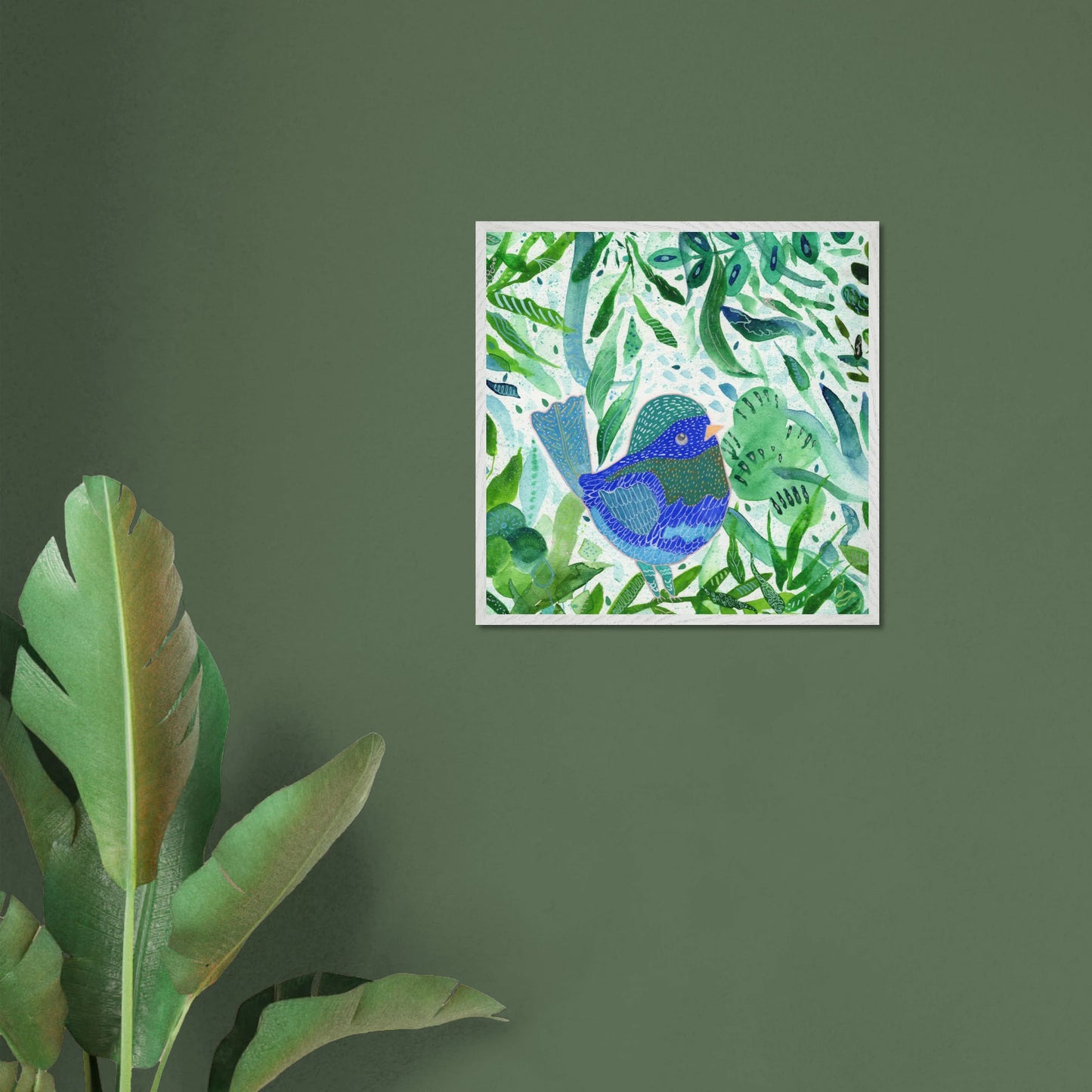 Blue bird among green botanical leaves — nature-inspired fine art print for nursery, therapy office or calming bedroom wall art