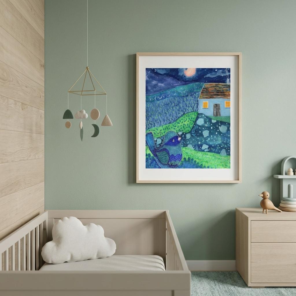 Whimsical bird coming home, warm-toned fine art print for nursery, baby room, therapy , play area wall art