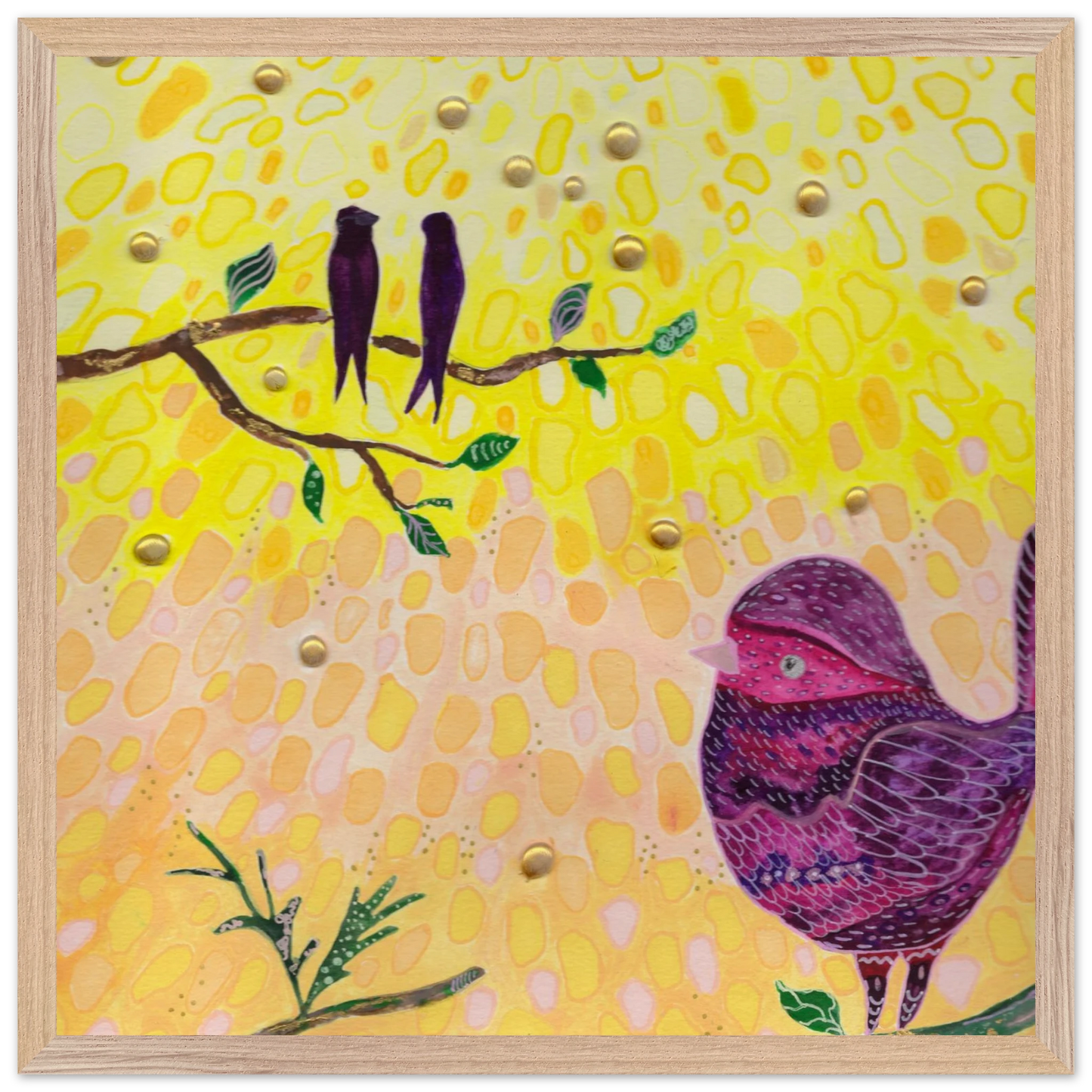 Whimsical bird art print in warm golden and pink tones — calming wall art for nursery, playroom or therapy office