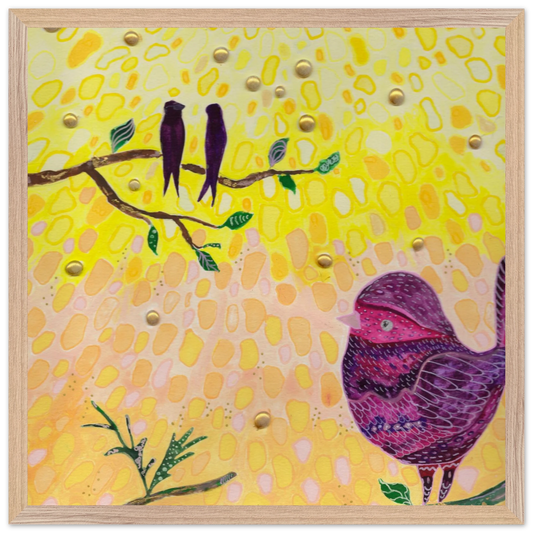 Whimsical bird art print in warm golden and pink tones — calming wall art for nursery, playroom or therapy office