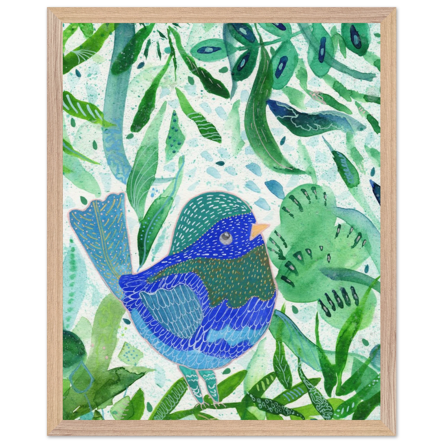 Blue bird among green botanical leaves — nature-inspired fine art print for nursery, therapy office or calming bedroom wall art