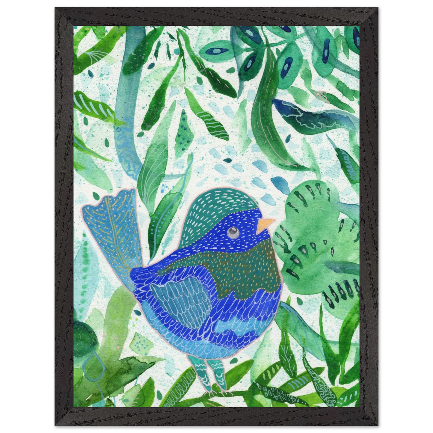 Blue bird among green botanical leaves — nature-inspired fine art print for nursery, therapy office or calming bedroom wall art