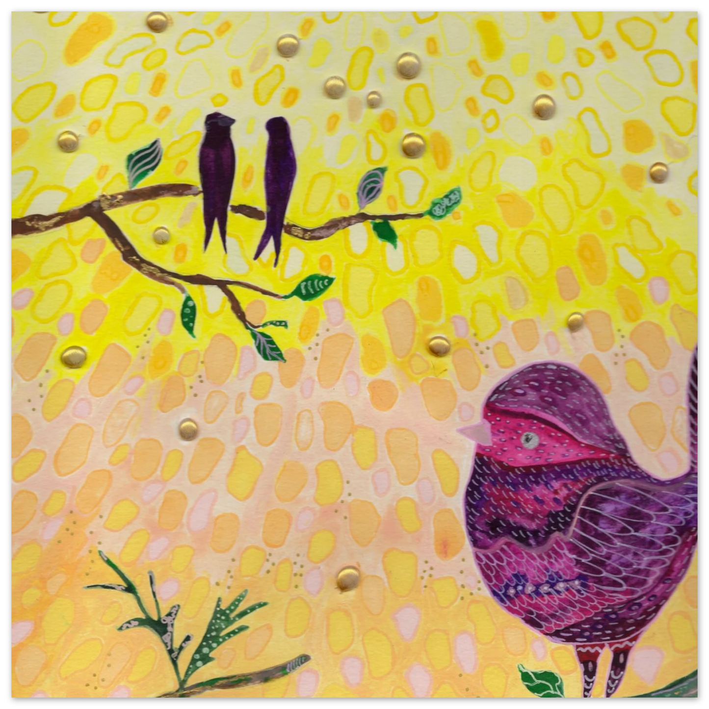 Whimsical bird art print in warm golden and pink tones — calming wall art for nursery, playroom or therapy office