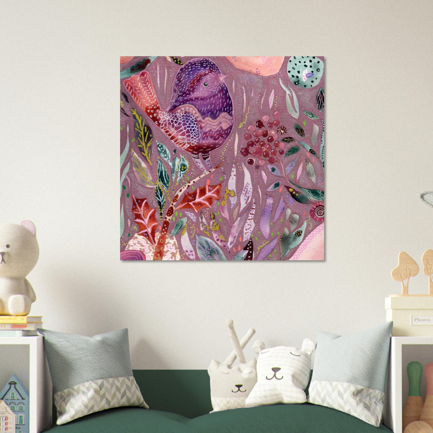Framed whimsical purple bird in enchanted botanical garden — detailed mixed media fine art print for nursery, therapy office or calming bedroom wall art