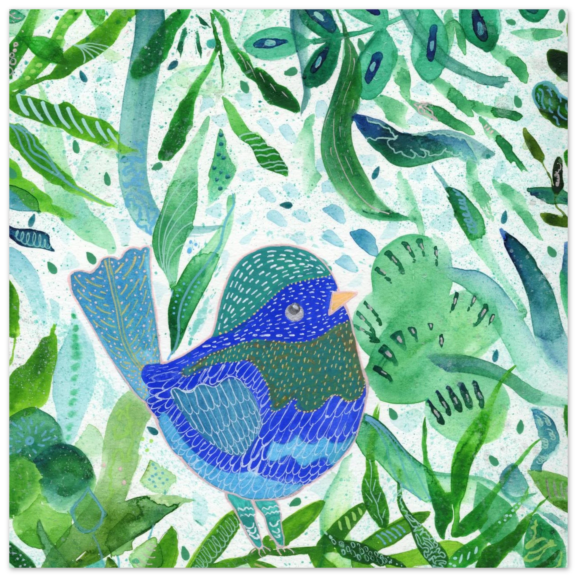 Blue bird among green botanical leaves — nature-inspired fine art print for nursery, therapy office or calming bedroom wall art