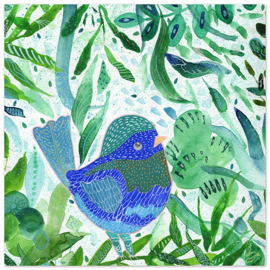 Blue bird among green botanical leaves — nature-inspired fine art print for nursery, therapy office or calming bedroom wall art