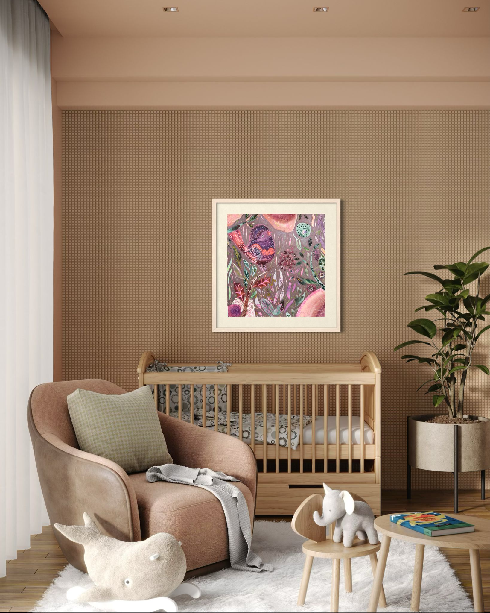 Framed whimsical purple bird in enchanted botanical garden — detailed mixed media fine art print for nursery, therapy office or calming bedroom wall art