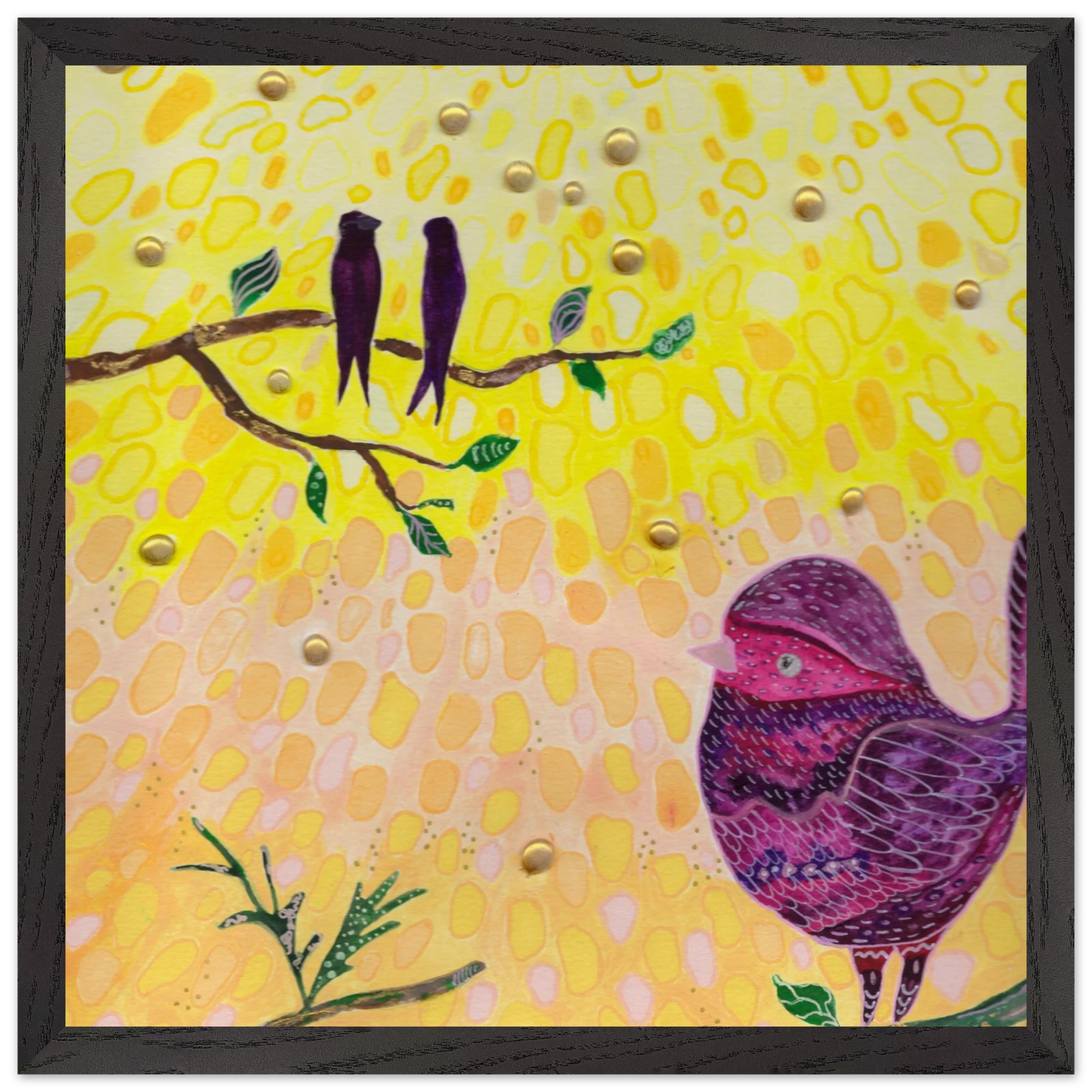 Whimsical bird art print in warm golden and pink tones — calming wall art for nursery, playroom or therapy office