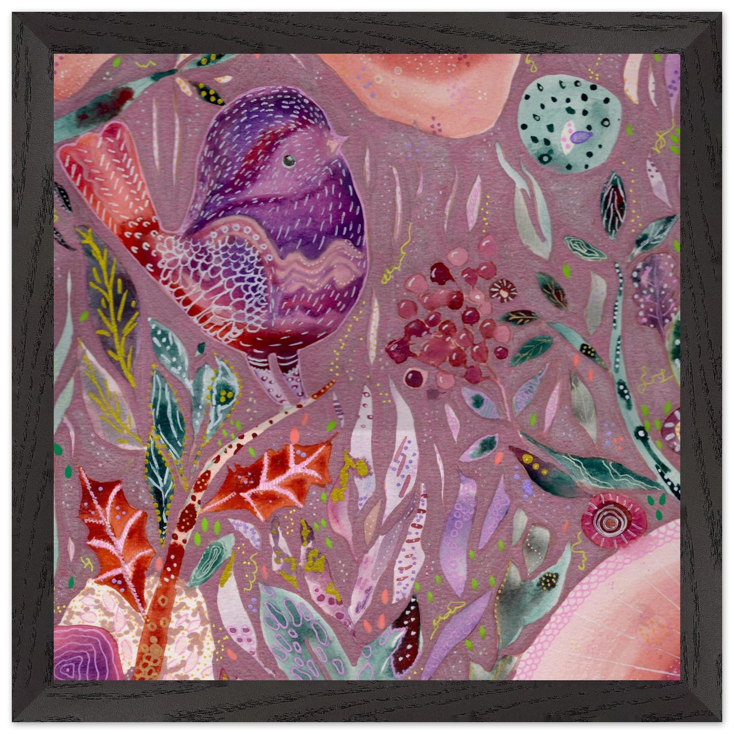 Framed whimsical purple bird in enchanted botanical garden — detailed mixed media fine art print for nursery, therapy office or calming bedroom wall art