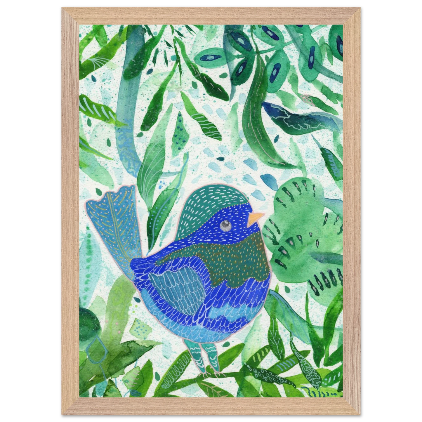 Blue bird among green botanical leaves — nature-inspired fine art print for nursery, therapy office or calming bedroom wall art